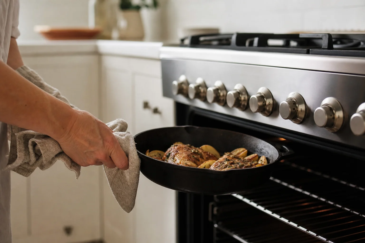 Cast iron skillet transitioning from stovetop to oven with food inside