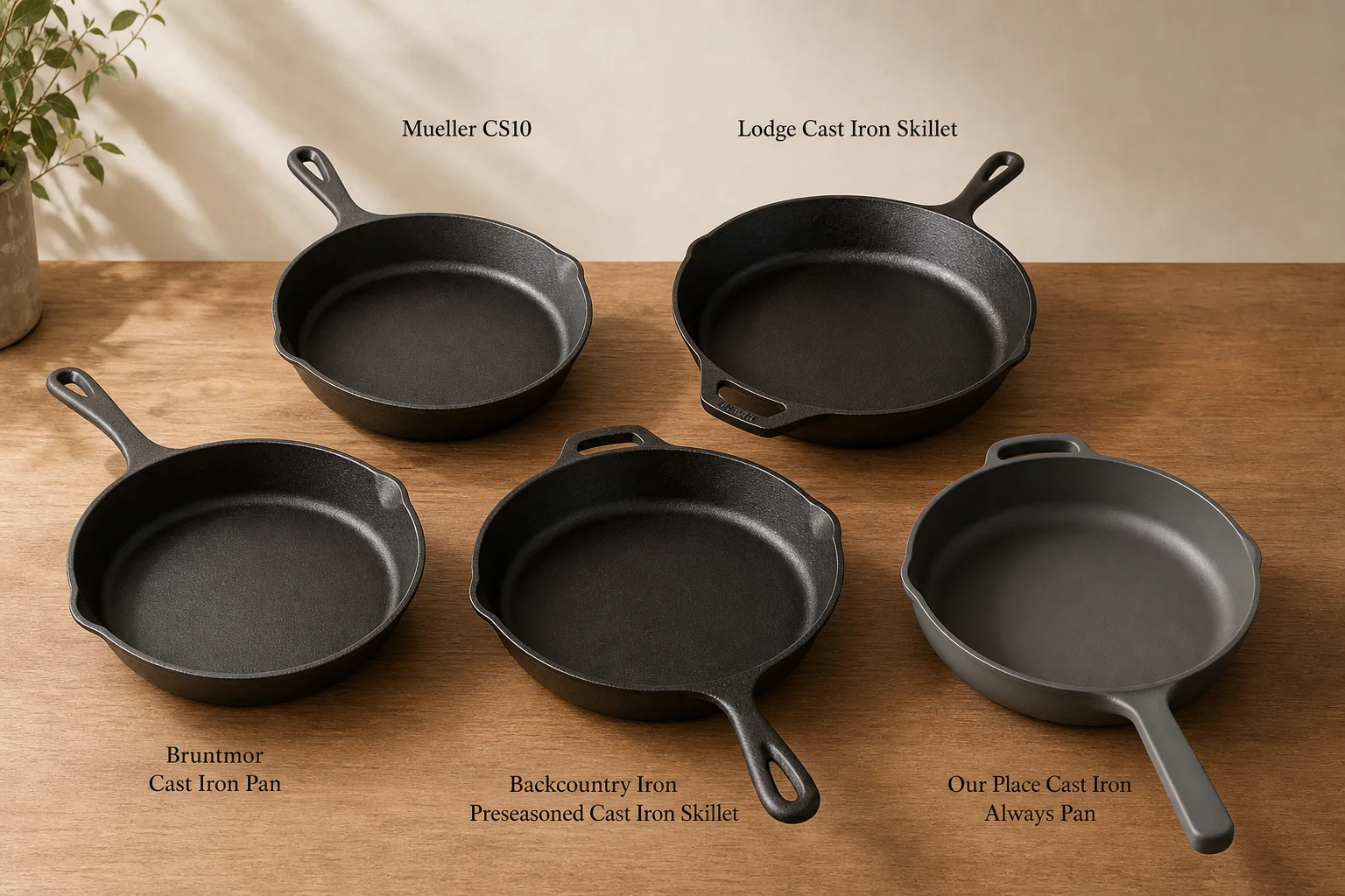 Five cast iron skillets arranged on a wooden surface showing different styles and finishes