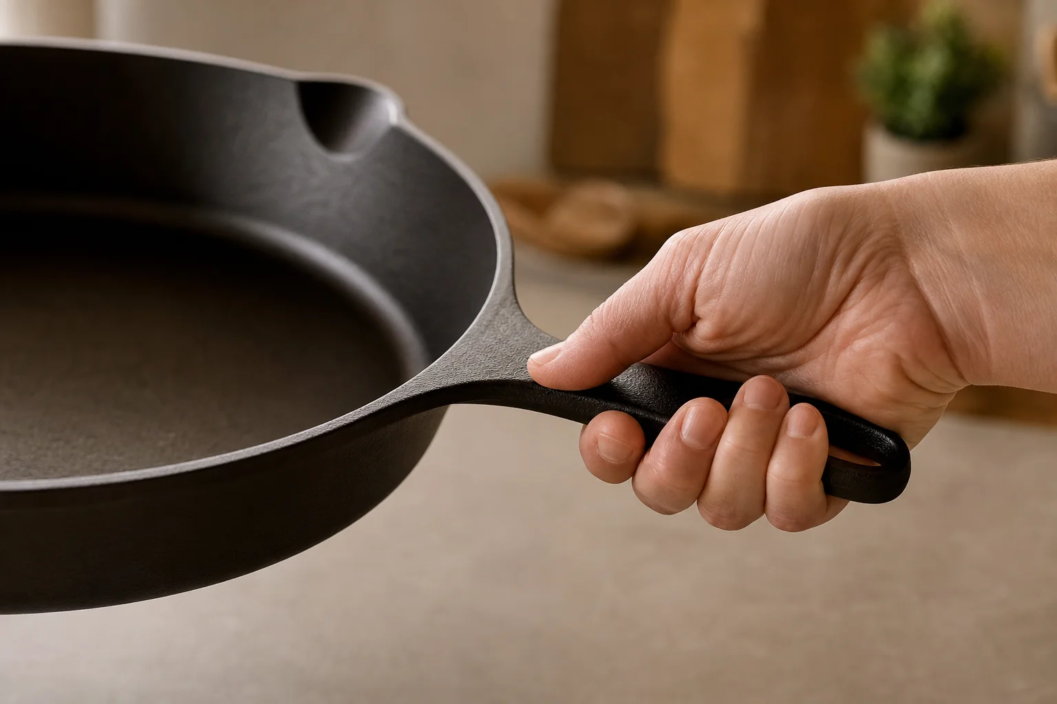 Hand gripping a cast iron skillet handle demonstrating ergonomic design
