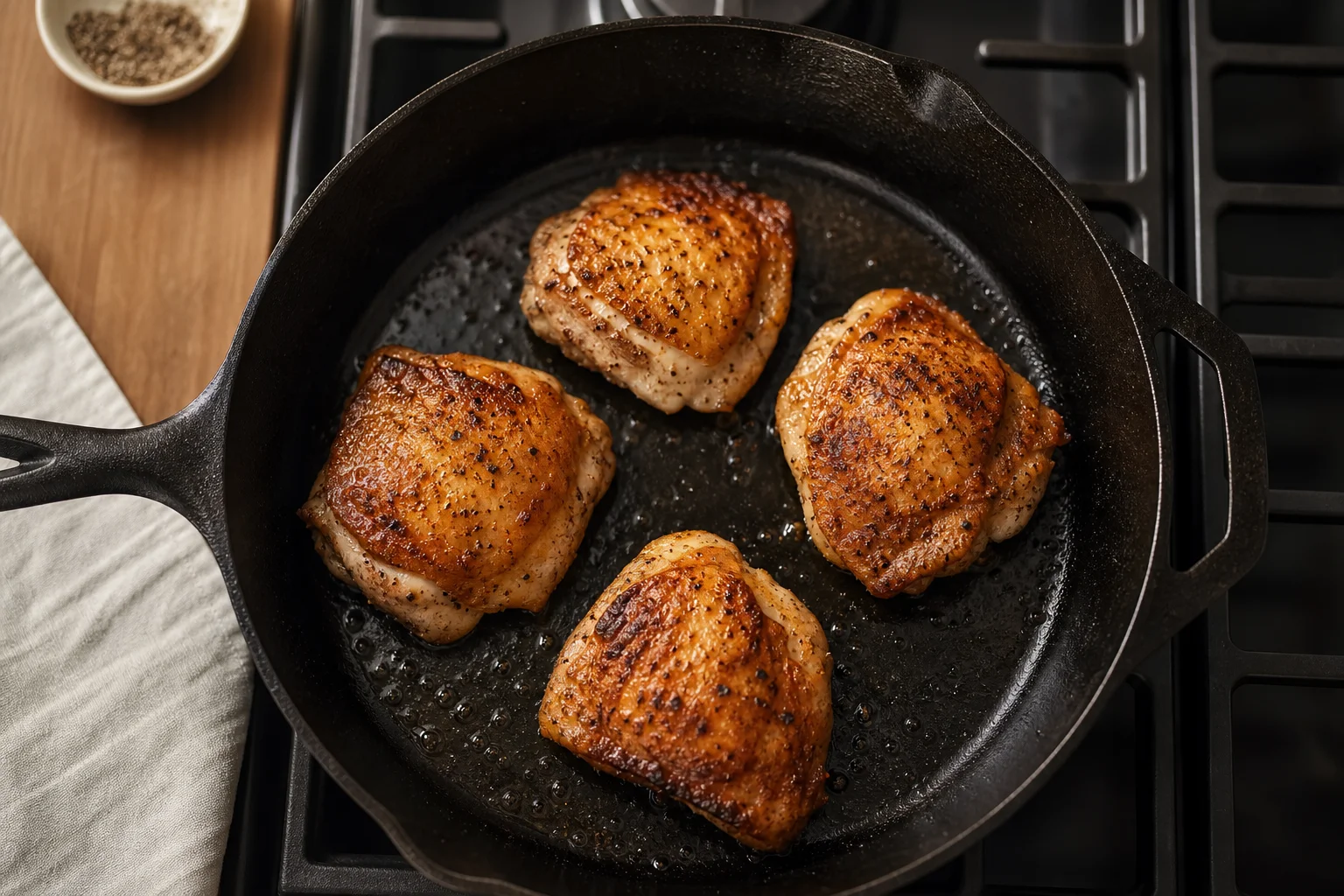 Cast iron skillet on stovetop with food searing and even browning
