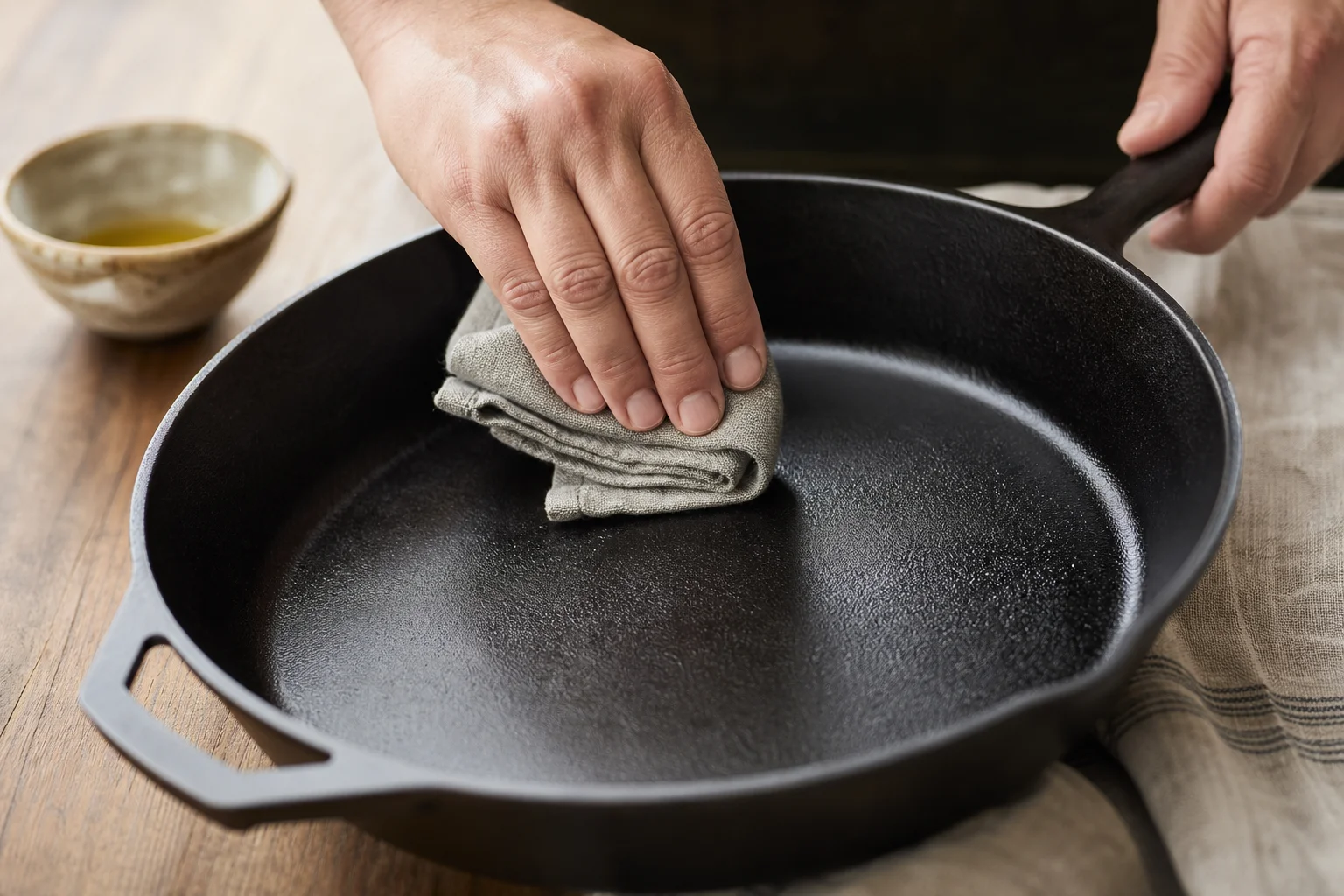 Cast iron skillet being cleaned and maintained with proper care