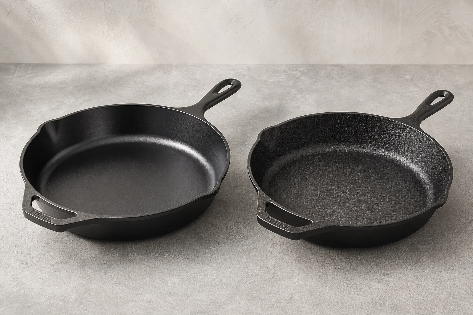 Two 12-inch cast iron skillets on concrete surface showing different finishes