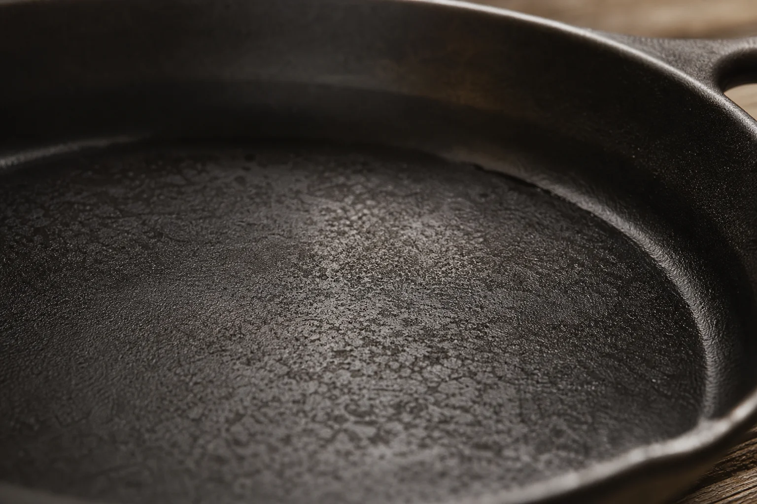 Close-up of seasoned cast iron surface with dark patina and oil sheen
