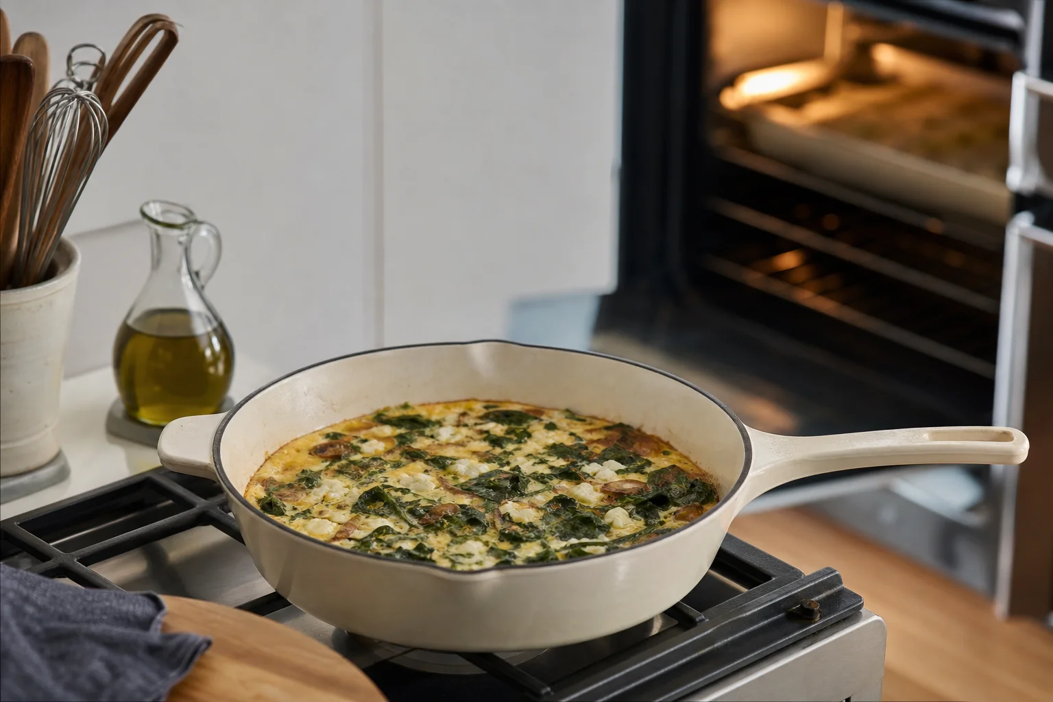 Enameled skillet with frittata on stovetop with oven door open