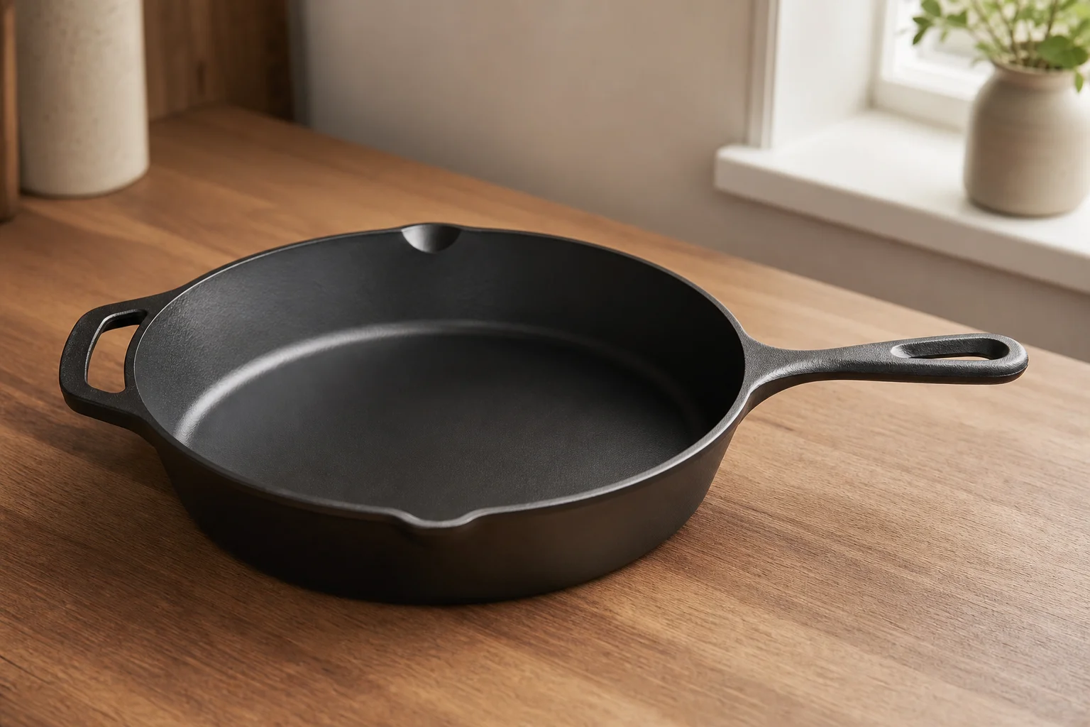 Polished cast iron skillet with helper handle on wooden kitchen counter