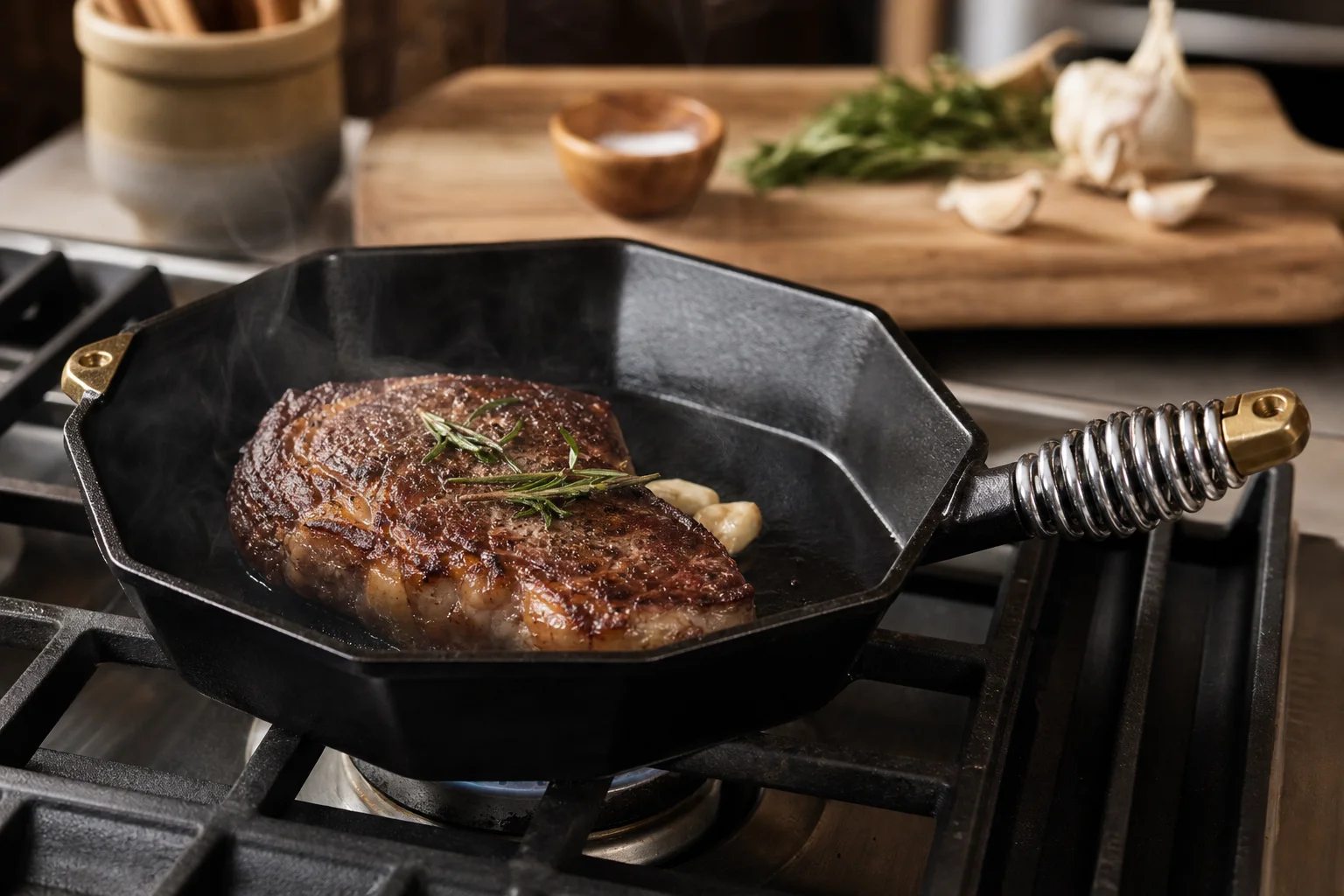 Octagonal FINEX skillet with steak searing on gas stovetop