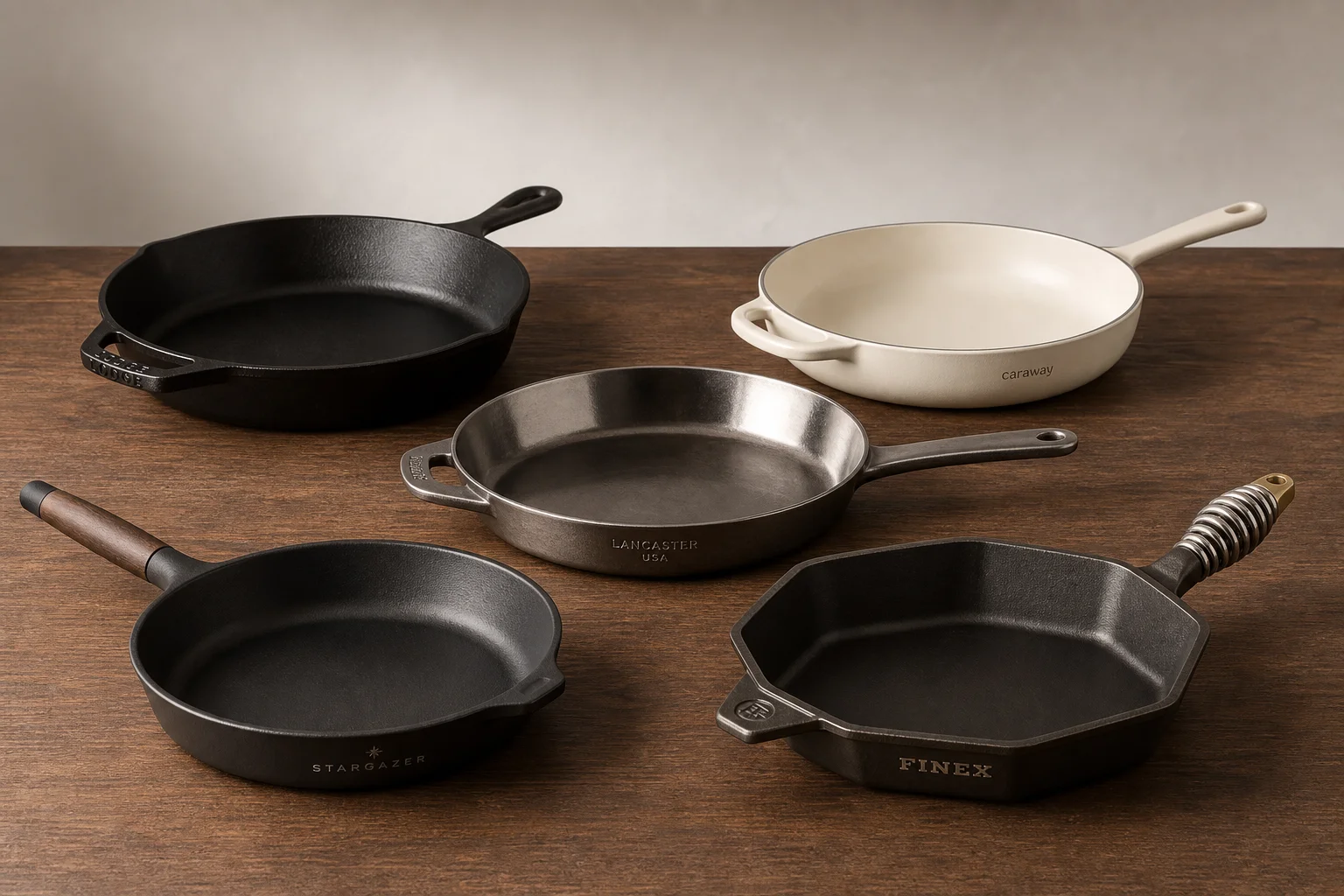 Five cast iron skillets arranged on wooden surface showing variety of styles and finishes
