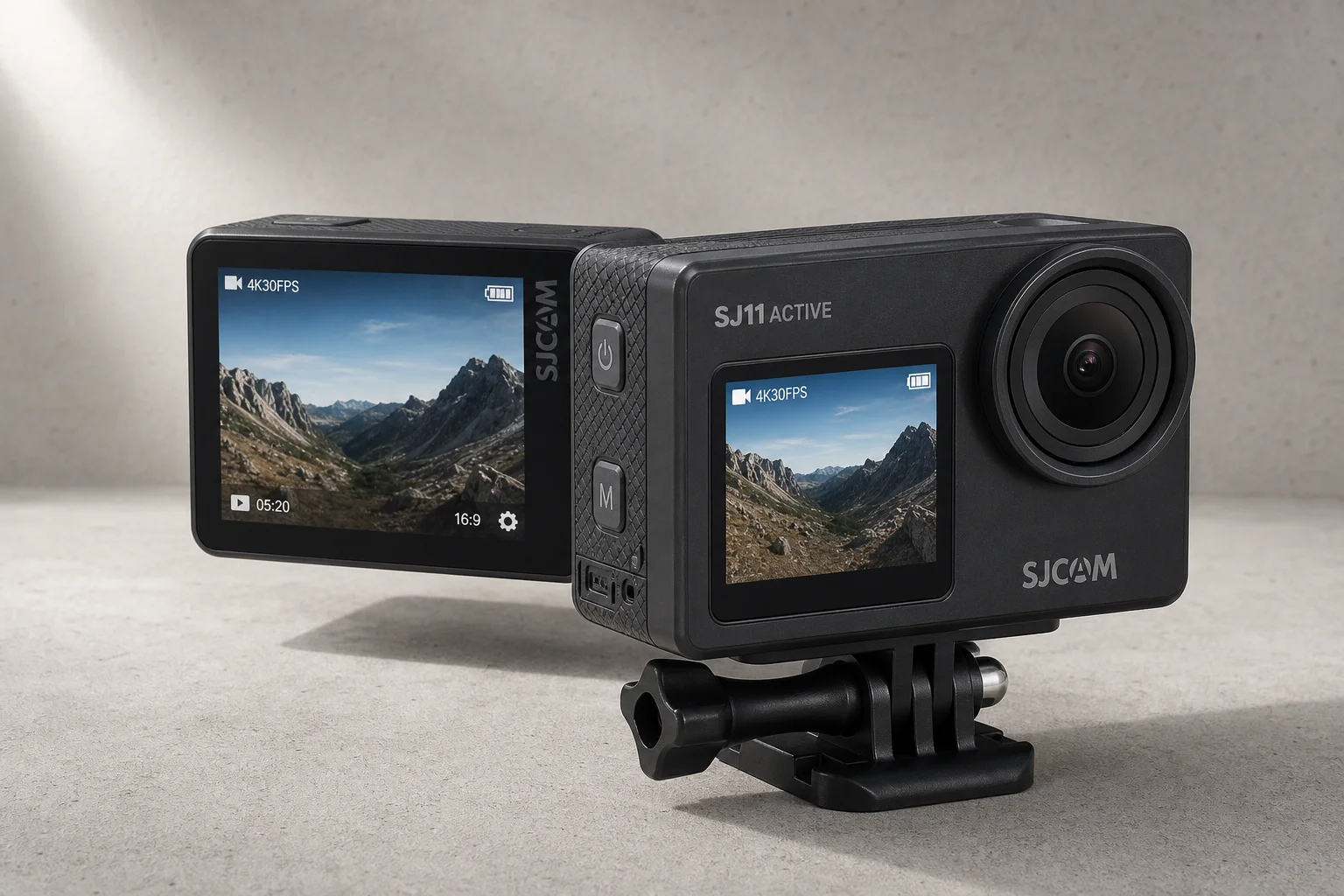 Caméra d'action SJCAM SJ11 Active avec double écran sur une surface en béton