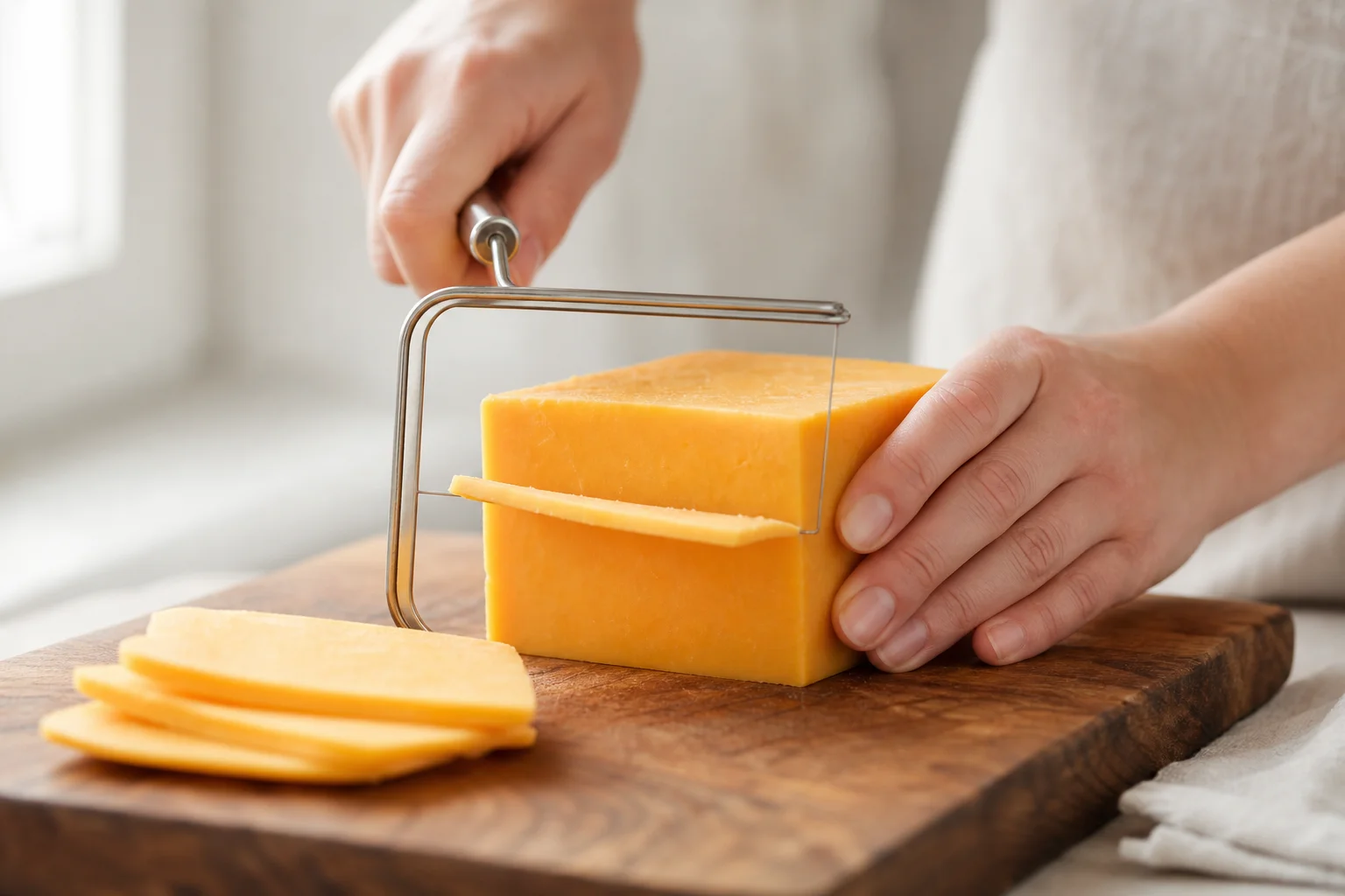 Hands slicing cheddar cheese with a wire slicer on a cutting board