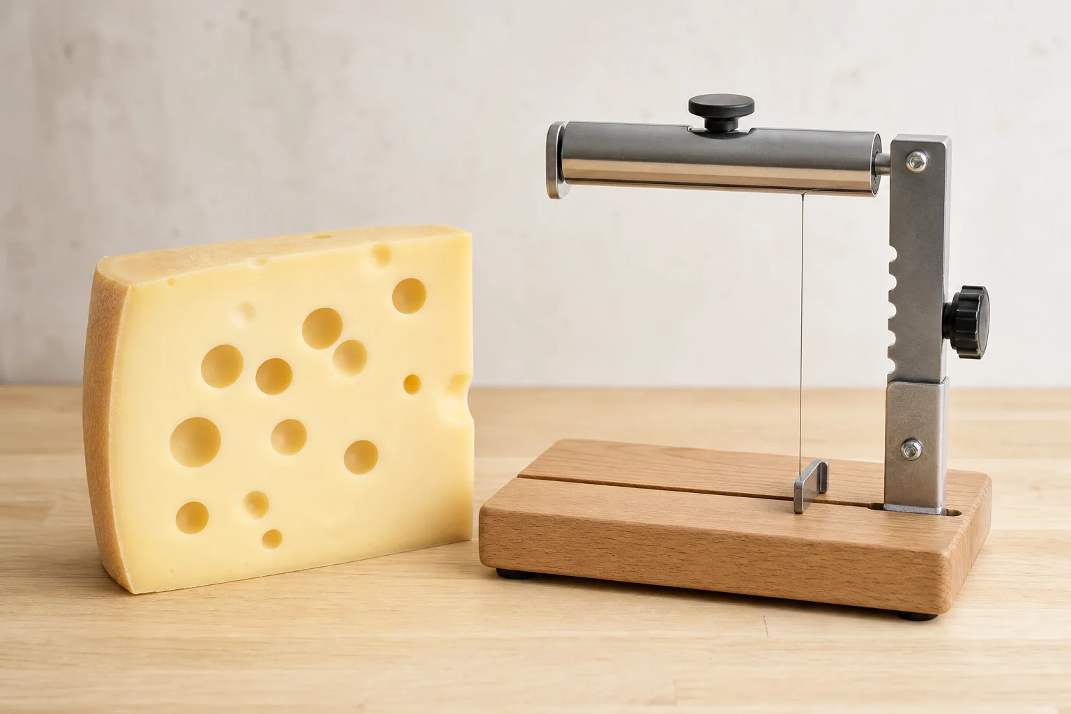 Gruyere cheese block next to an adjustable wire slicer on counter