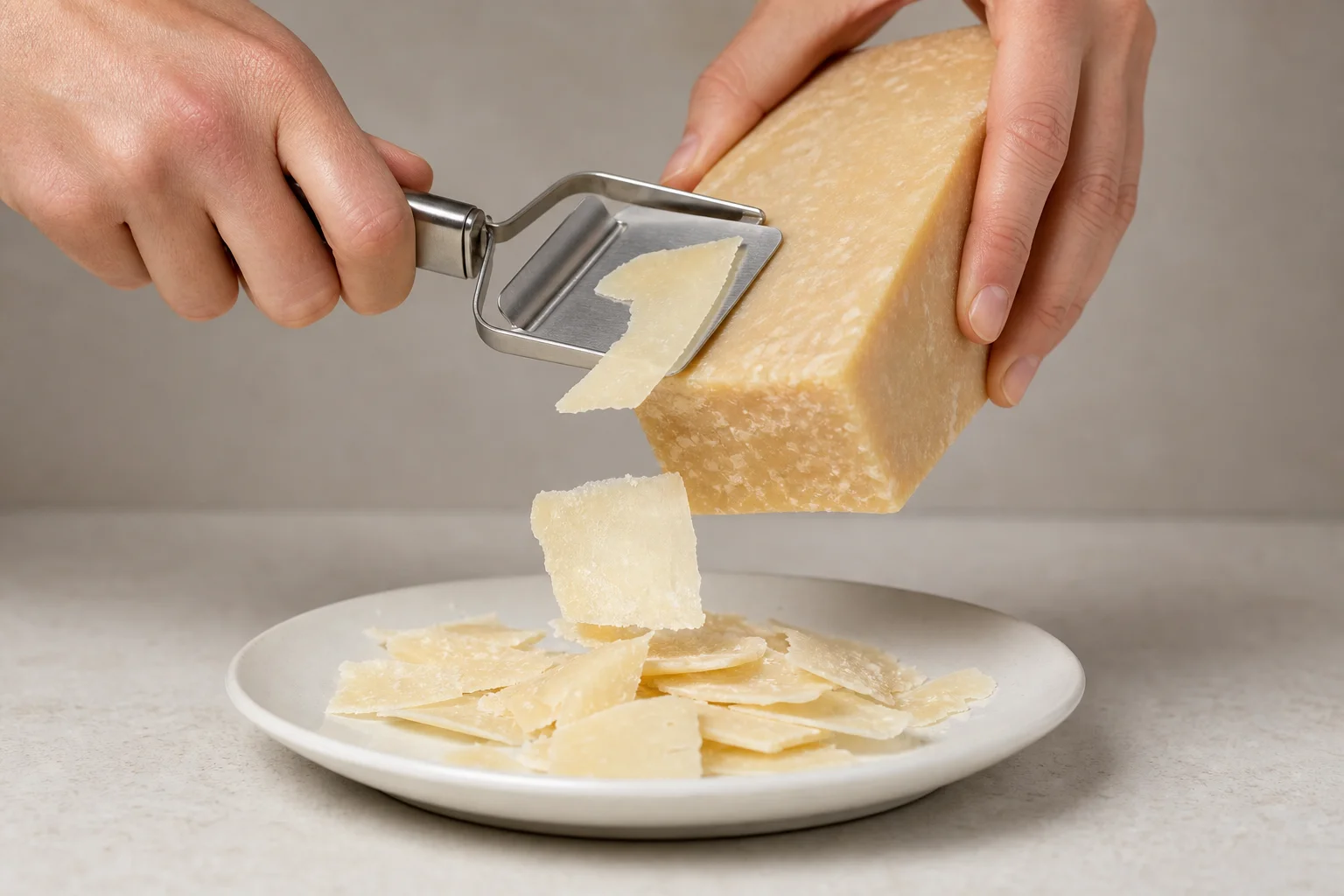 Hard cheese being sliced with a stainless steel slicer onto a plate