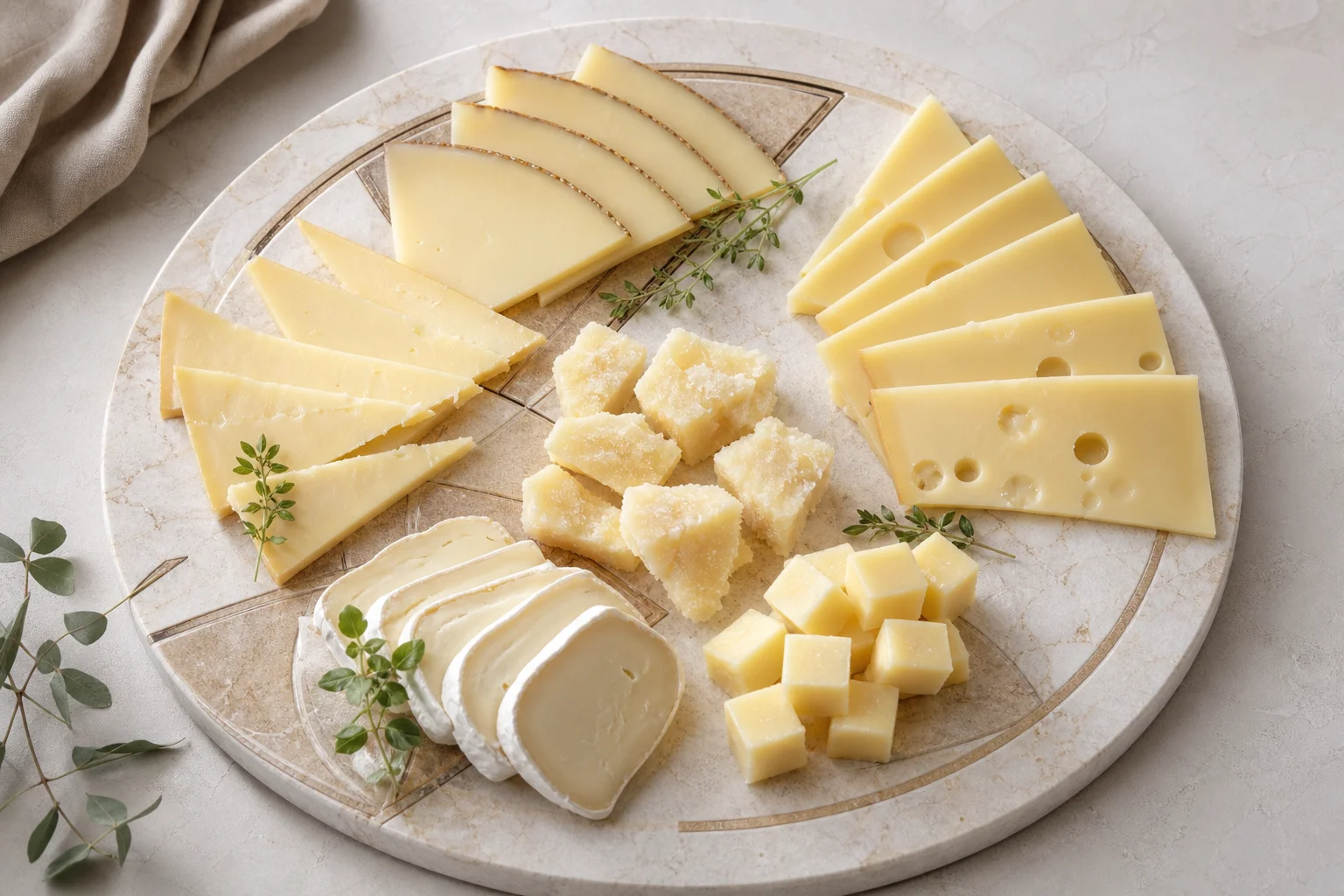 Marble cheese board with sliced cheeses arranged for charcuterie