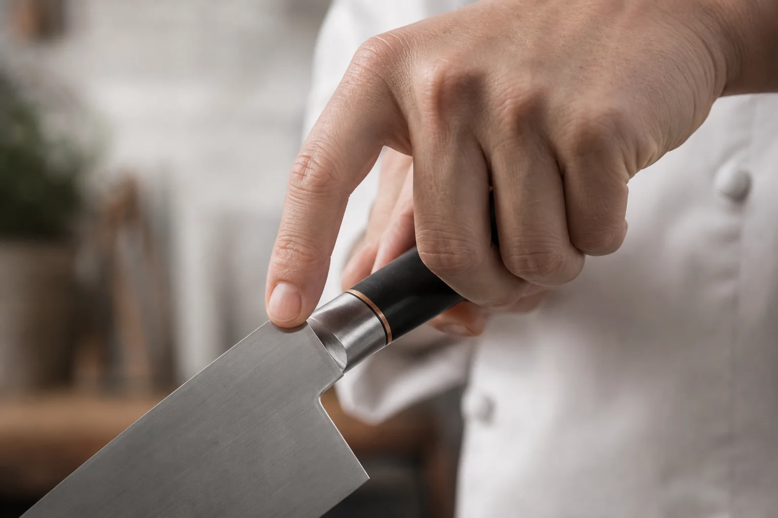 Close-up of chef's hand using pinch grip on knife handle