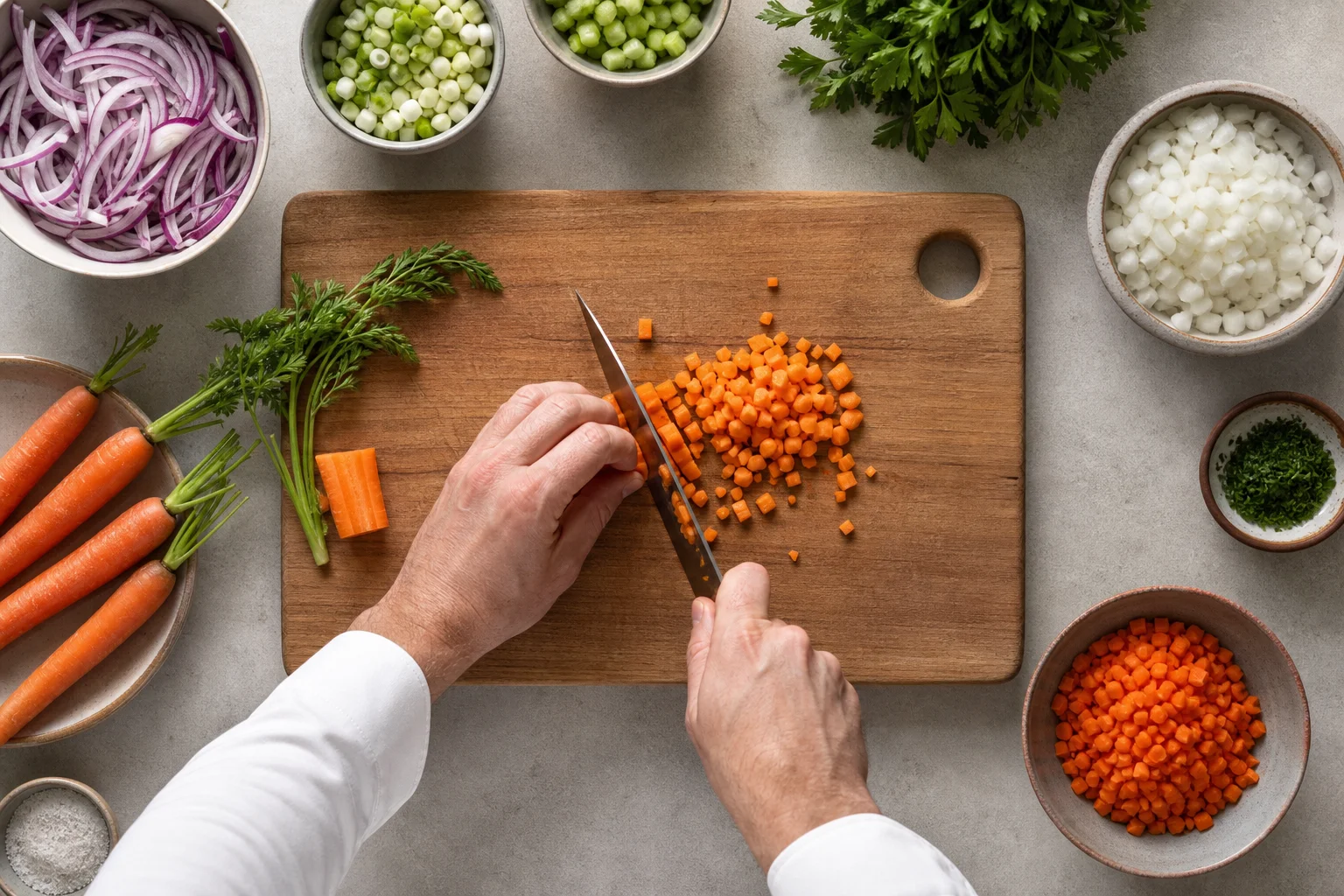 Chef dicing vegetables on cutting board with chef's knife overhead view