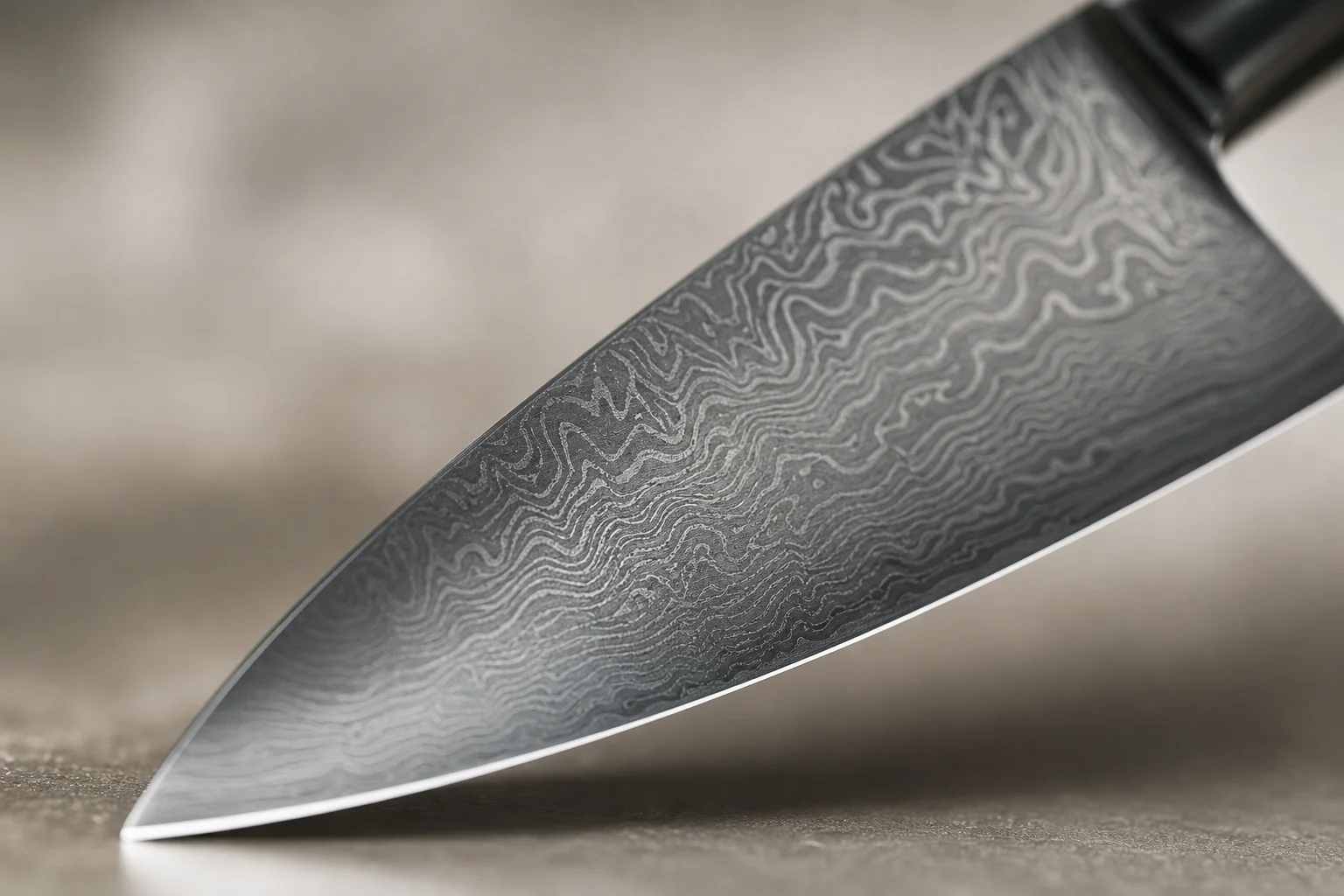 Detailed close-up of chef's knife blade showing Damascus pattern and edge