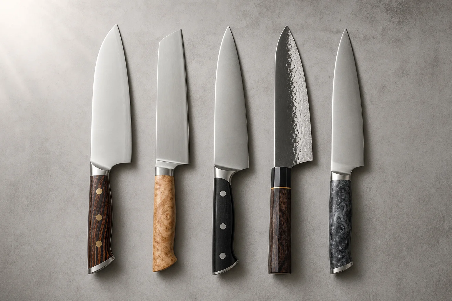 Collection of five chef's knives side by side showing handle and blade variety