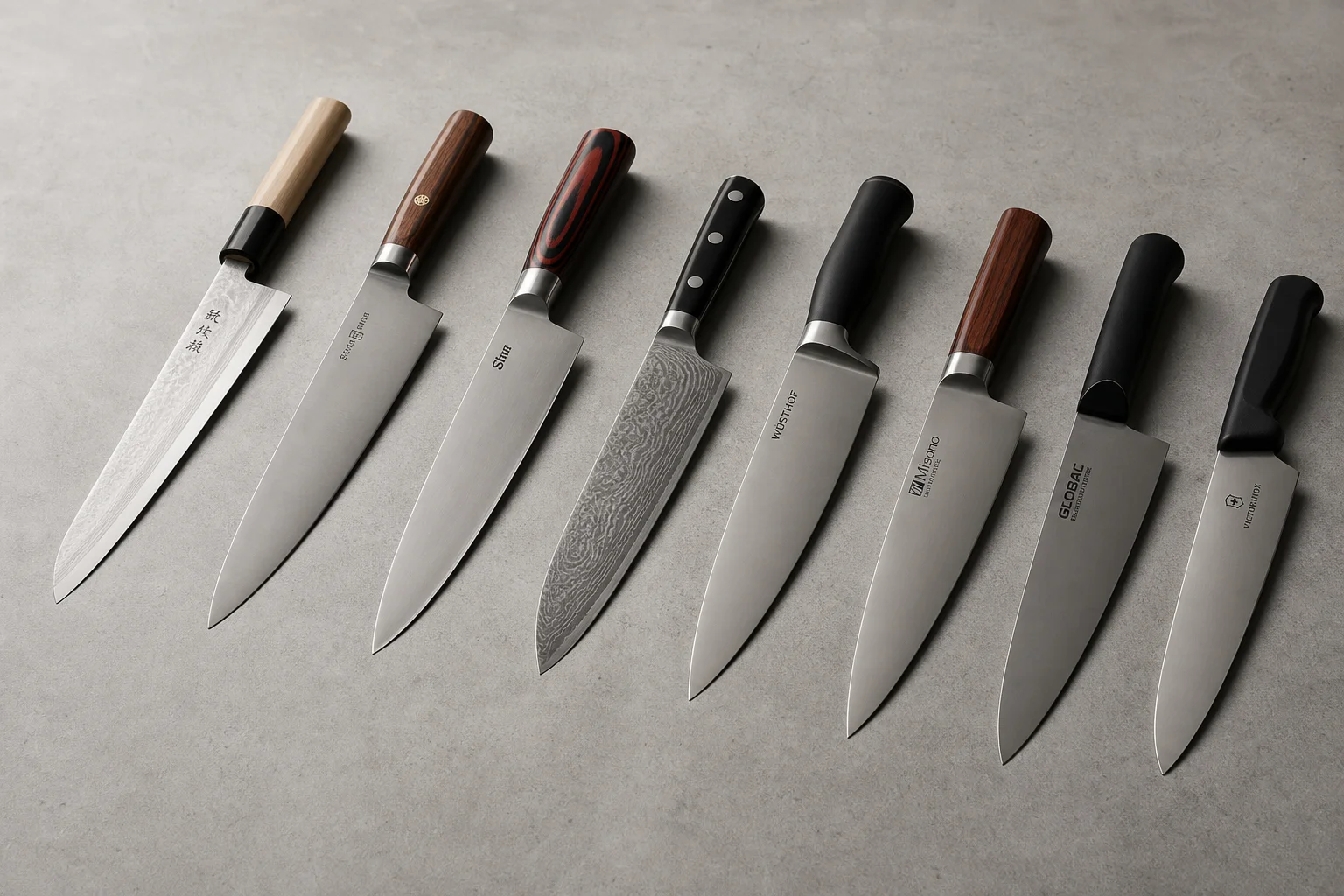 Collection of eight chef's knives with varied styles and handle materials arranged diagonally on concrete