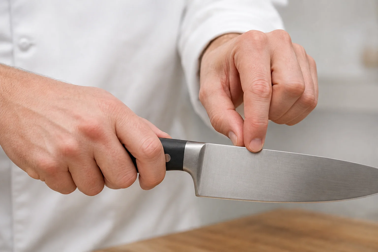 Chef's hands demonstrating proper pinch grip on a chef's knife handle