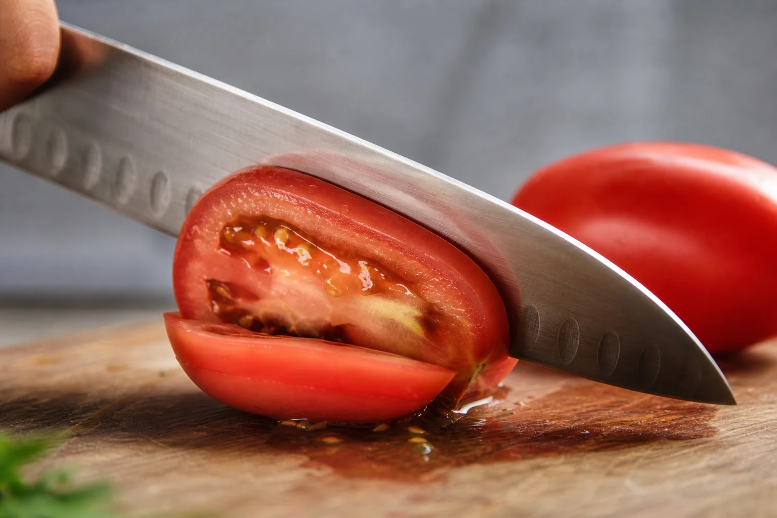 Chef's knife slicing through a ripe Roma tomato with clean precision