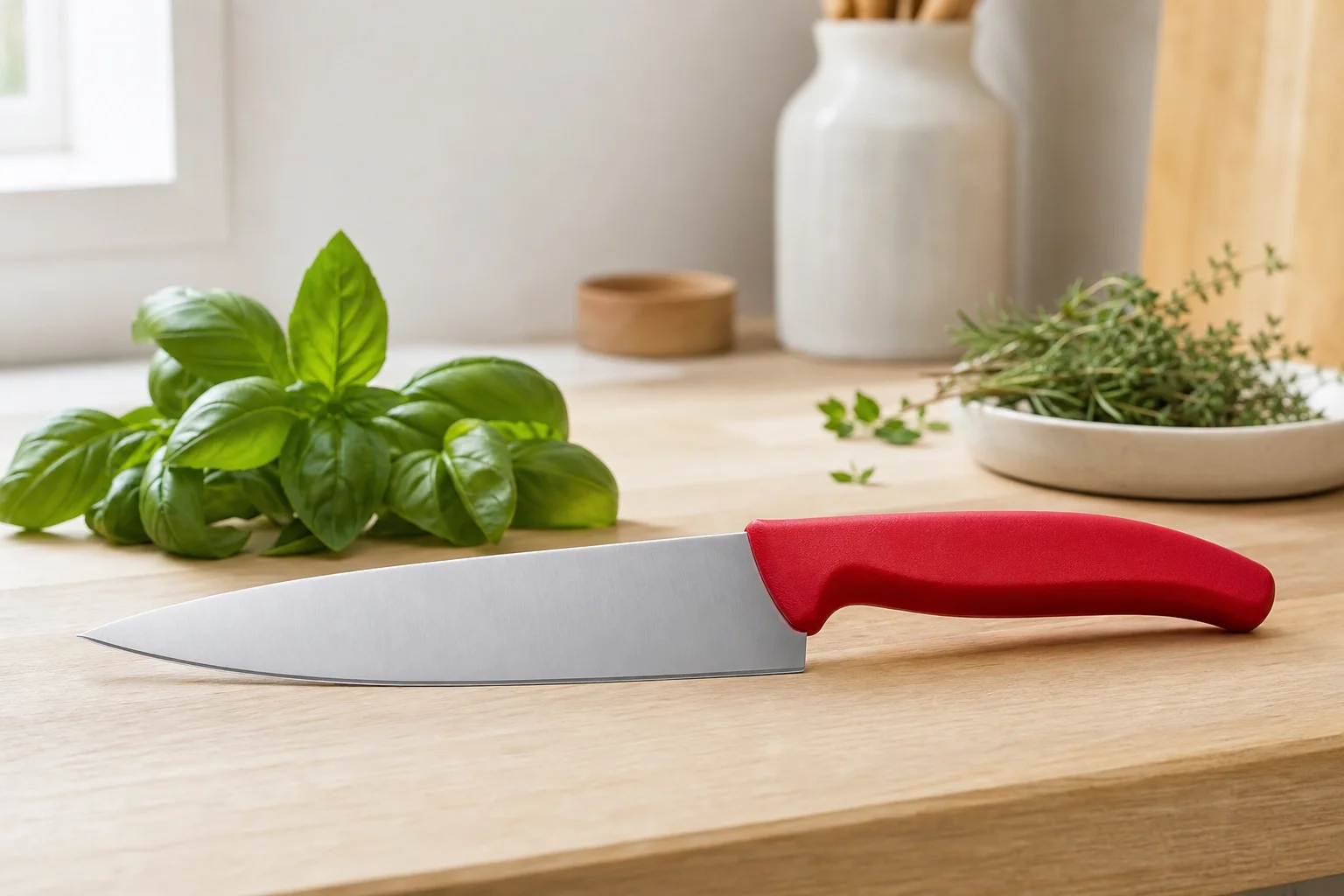 Victorinox Swiss Classic knife resting on a kitchen counter with fresh herbs nearby