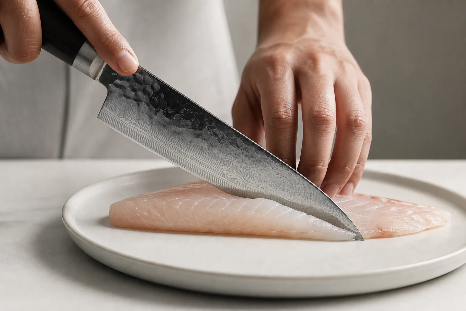 Shun Classic Western knife slicing delicate fish fillet with precision