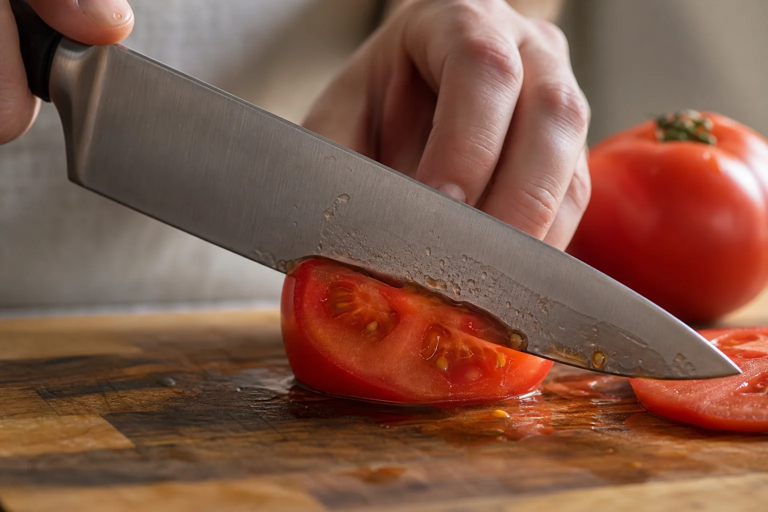 Chef's knife slicing through a ripe tomato on a cutting board