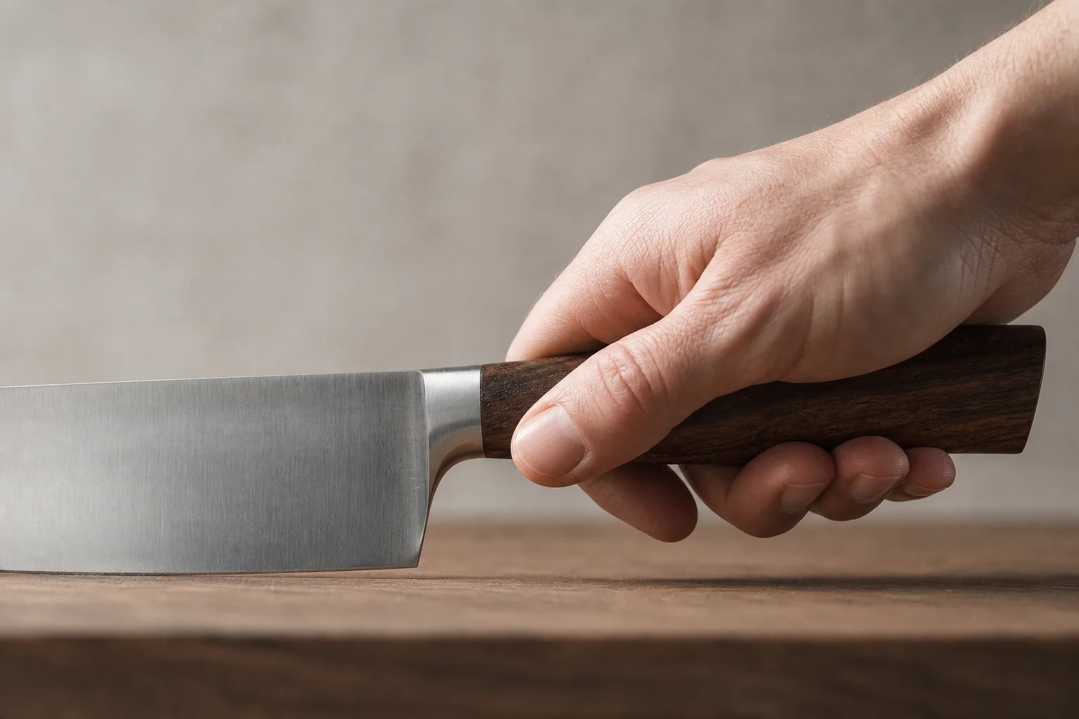 Side profile of chef's knife handle showing grip and blade heel height