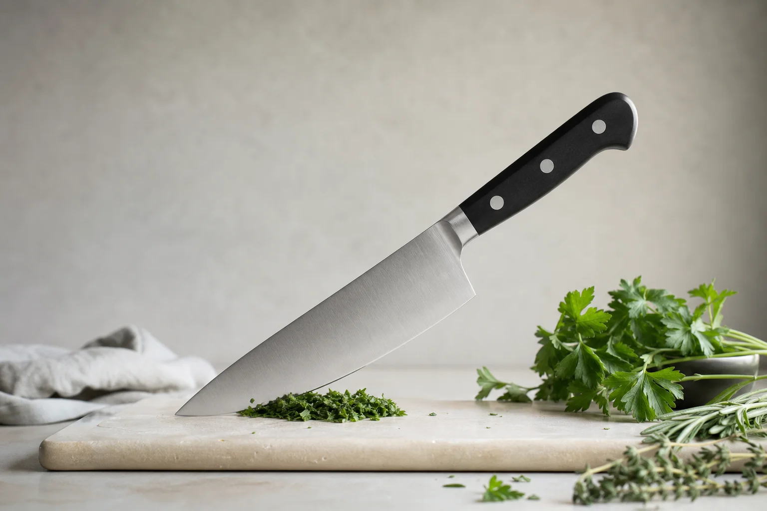 Chef's knife positioned on cutting board ready for mincing herbs