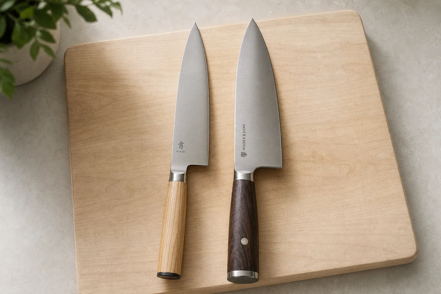 Two 8-inch chef's knives on a wooden cutting board