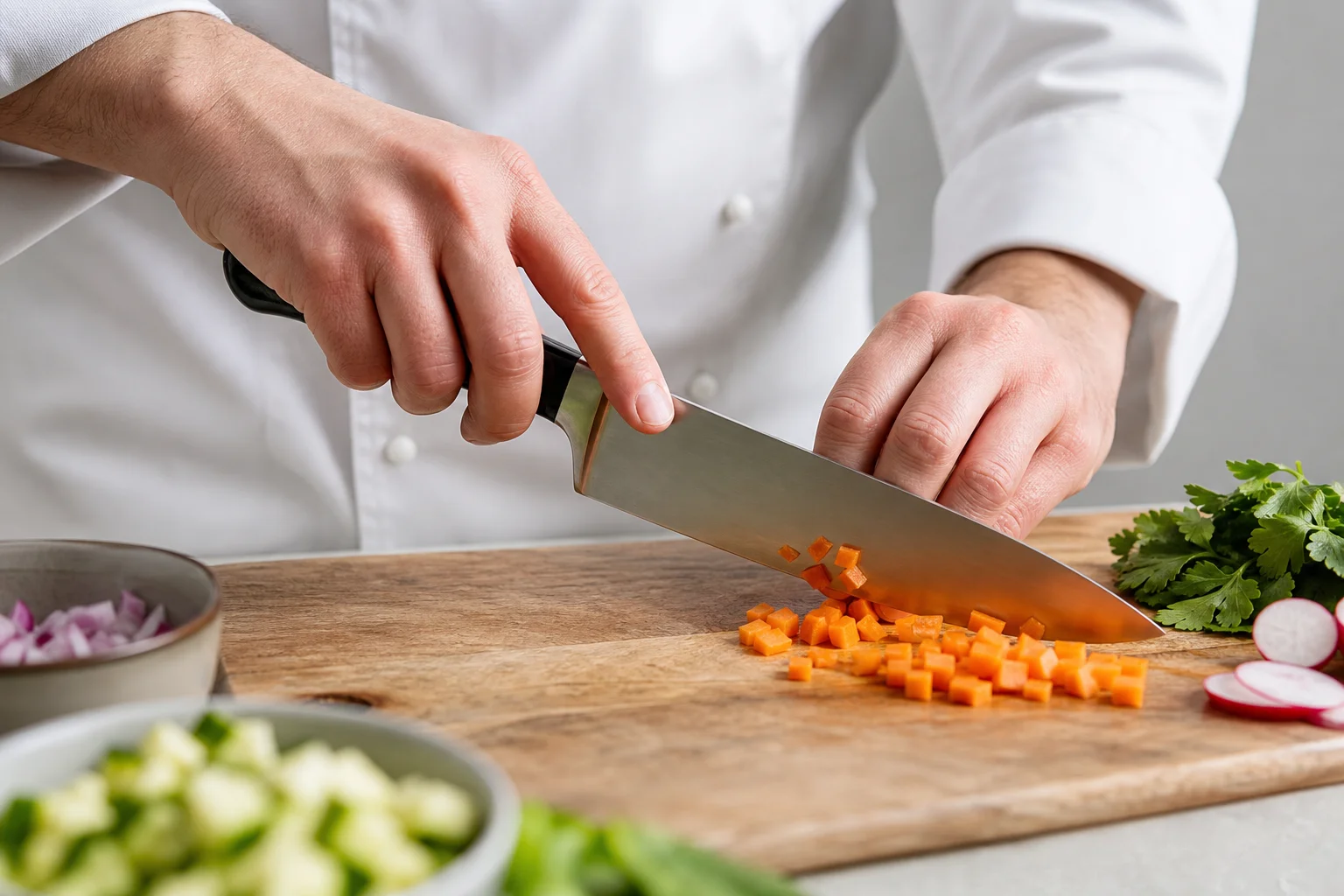 Chef's hands using pinch grip on knife handle while dicing vegetables