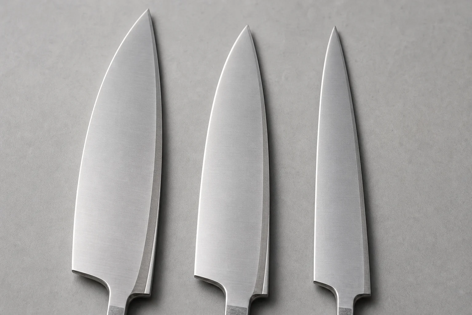 Comparison of three chef's knife blade profiles showing different curvatures