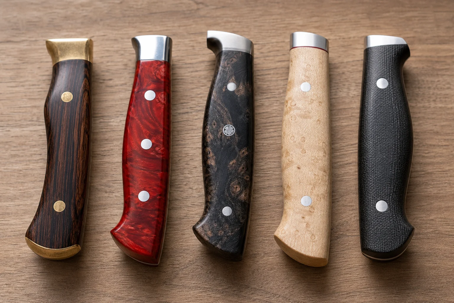 Chef's knife handle materials and designs including wood, acrylic, and synthetic options