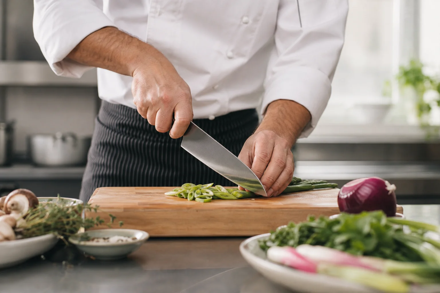 Chef using chef's knife in professional kitchen with fresh ingredients