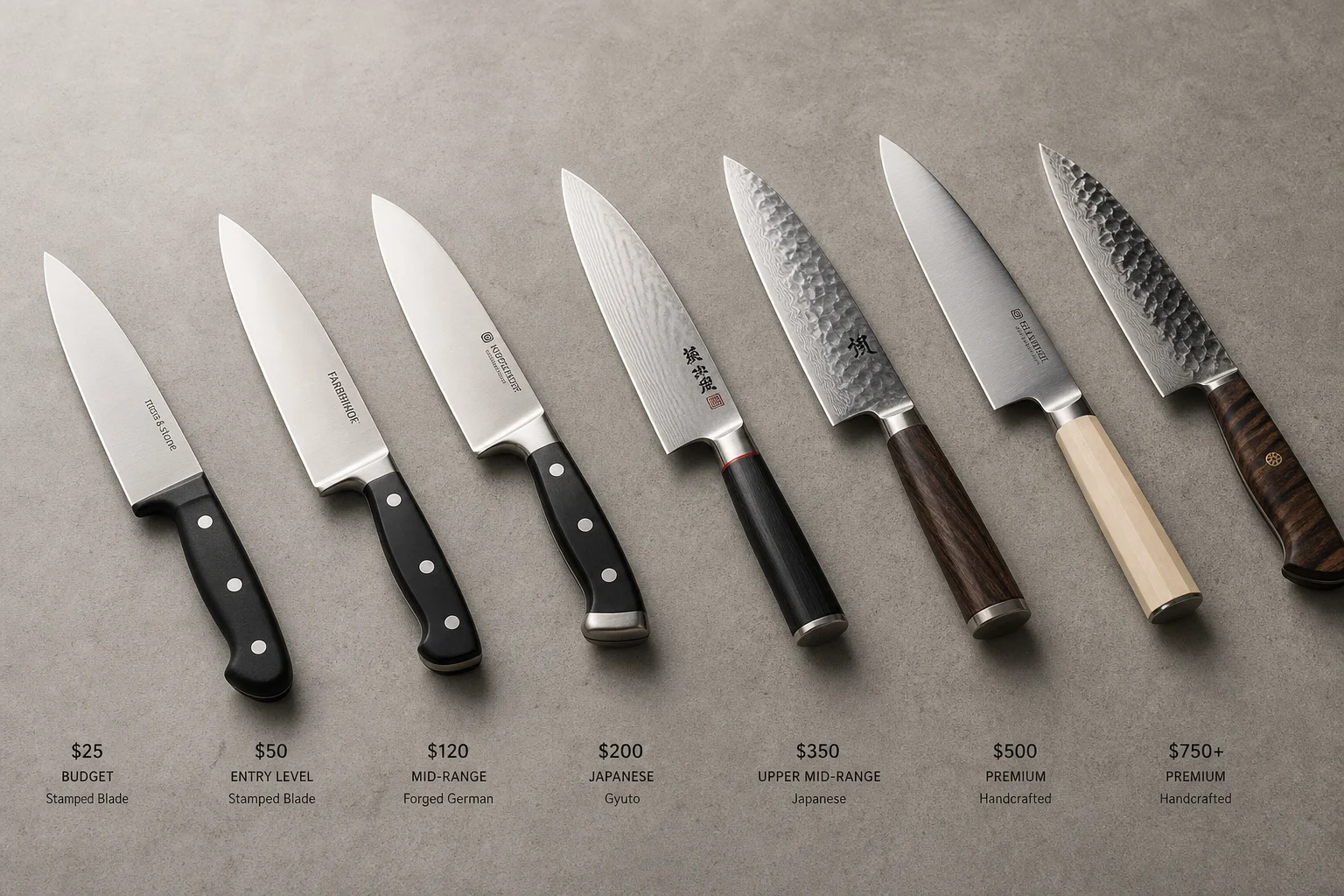 Collection of eight chef's knives arranged diagonally on concrete surface showing various styles and price points
