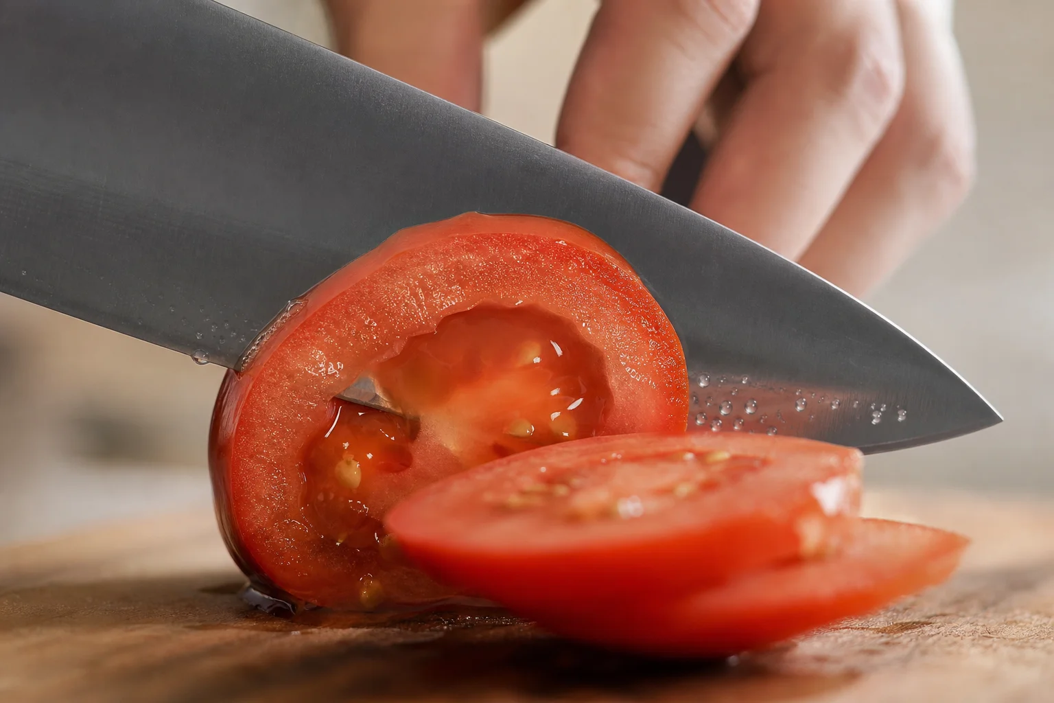 Chef's knife blade slicing through a ripe tomato with ease