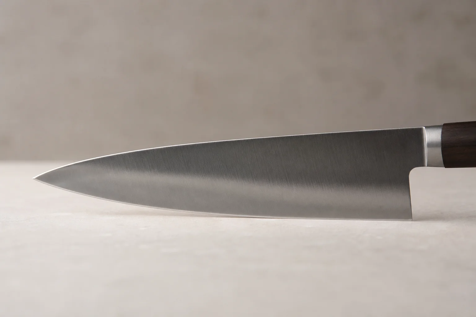 Chef's knife blade showing curved edge profile from tip to heel