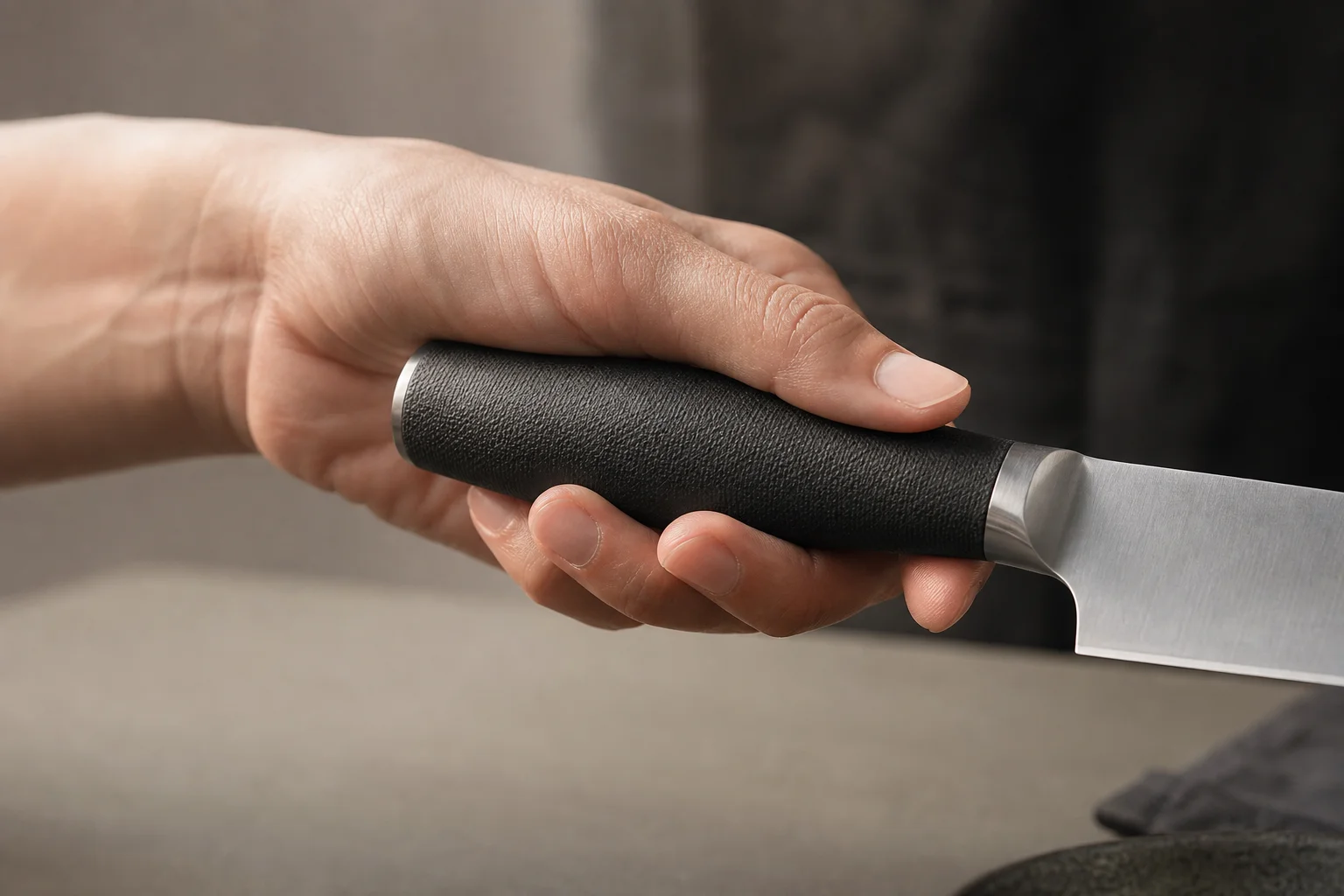 Hand gripping a chef's knife handle with textured material visible