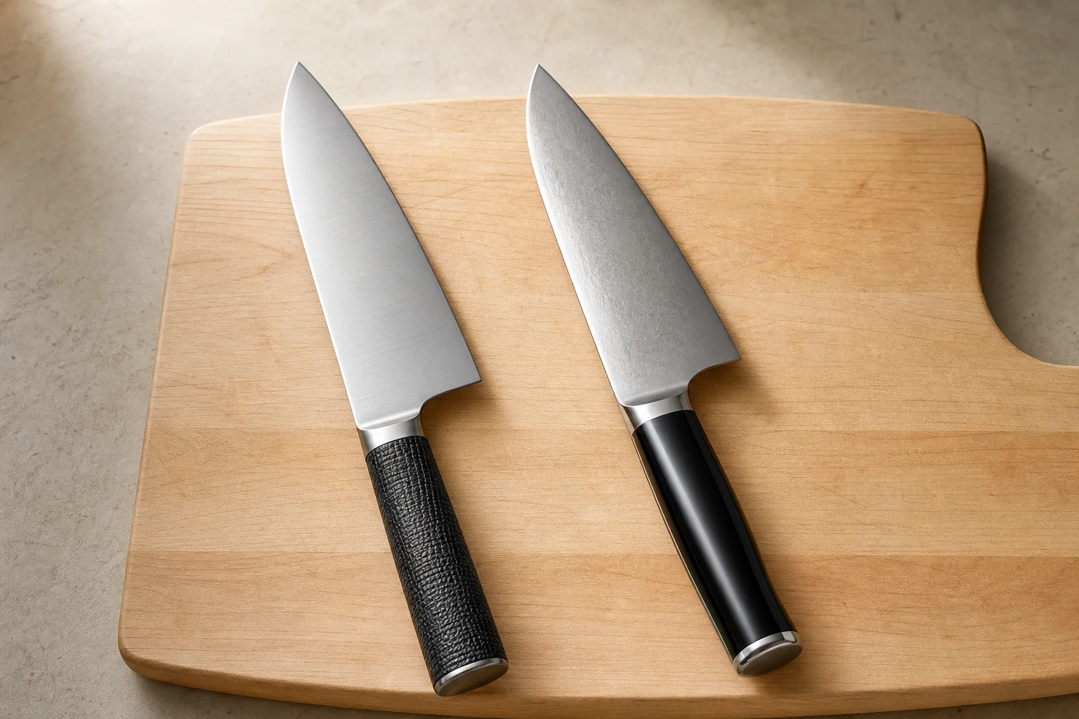 Two 8-inch chef's knives on a wooden cutting board