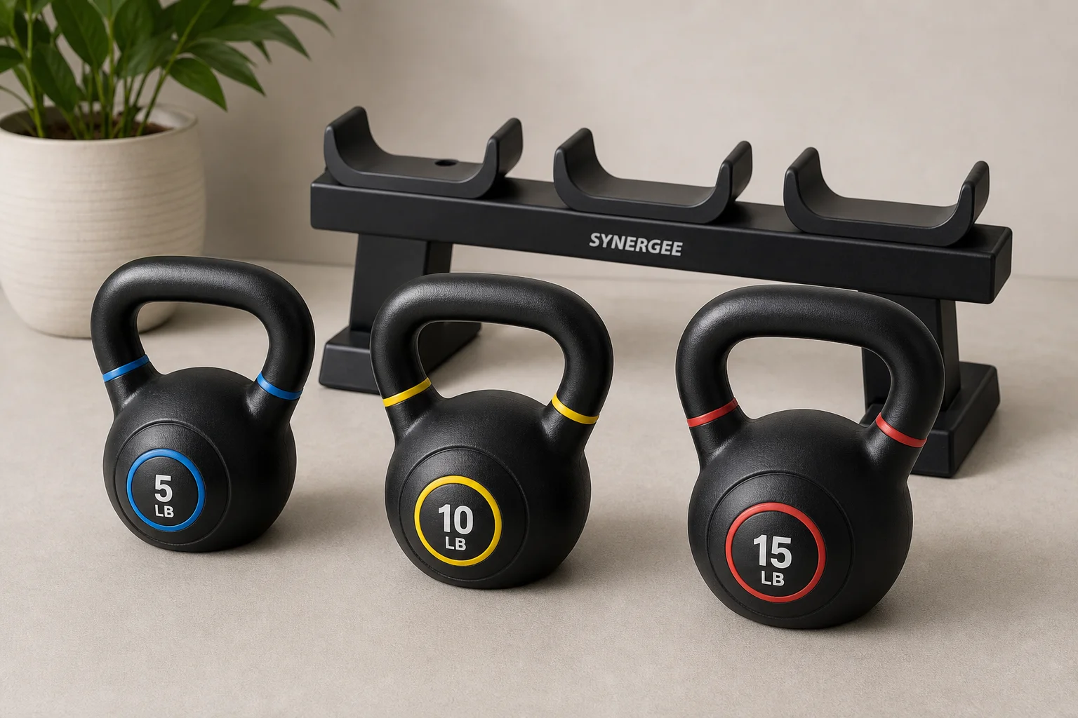 Five kettlebells of varying weights and finishes arranged on concrete surface