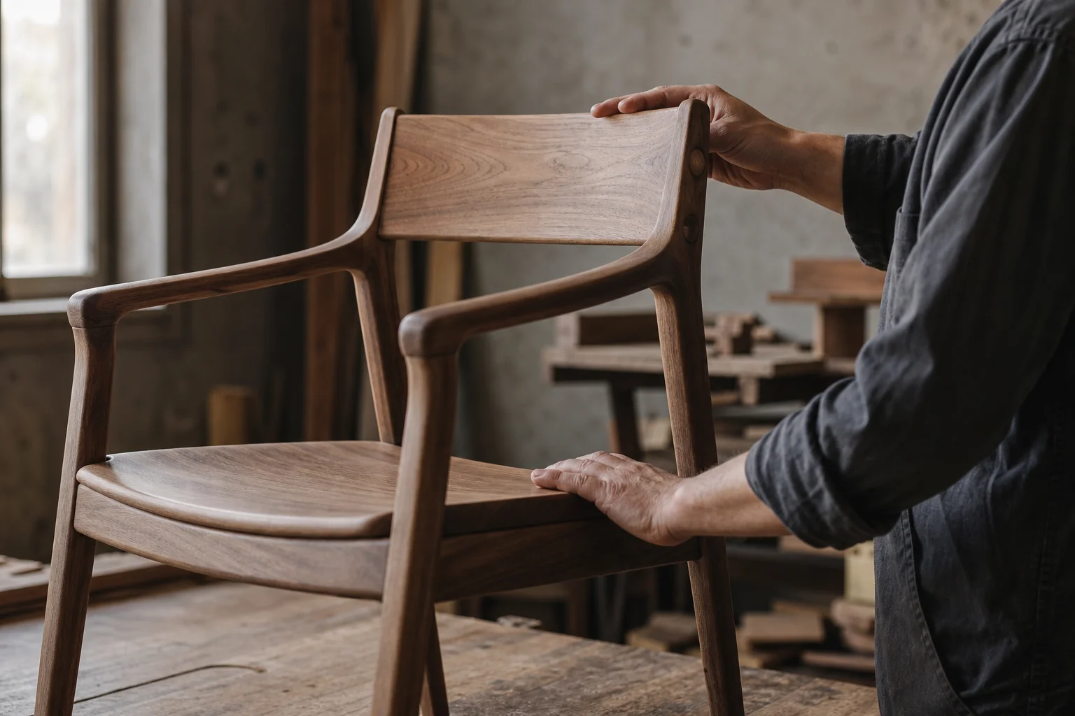 Woodworker examining a finished wooden chair made on a CNC machine