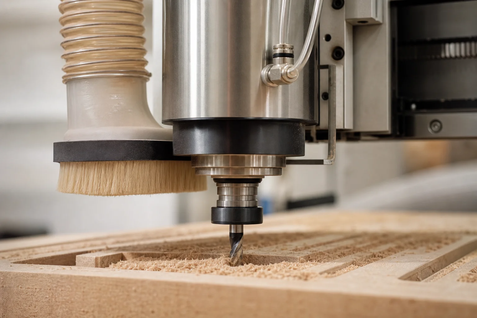 Close-up of precision CNC spindle and cutting tool in action on wood
