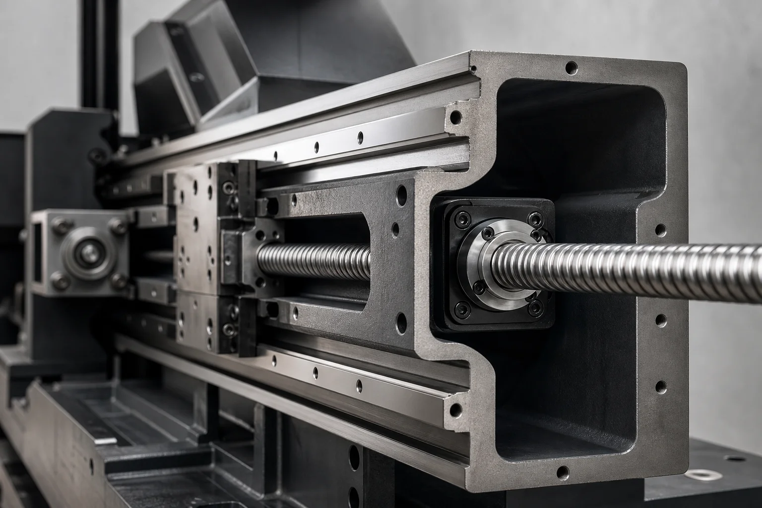 CNC machine bed with rigid steel rails and ball screw mechanisms visible