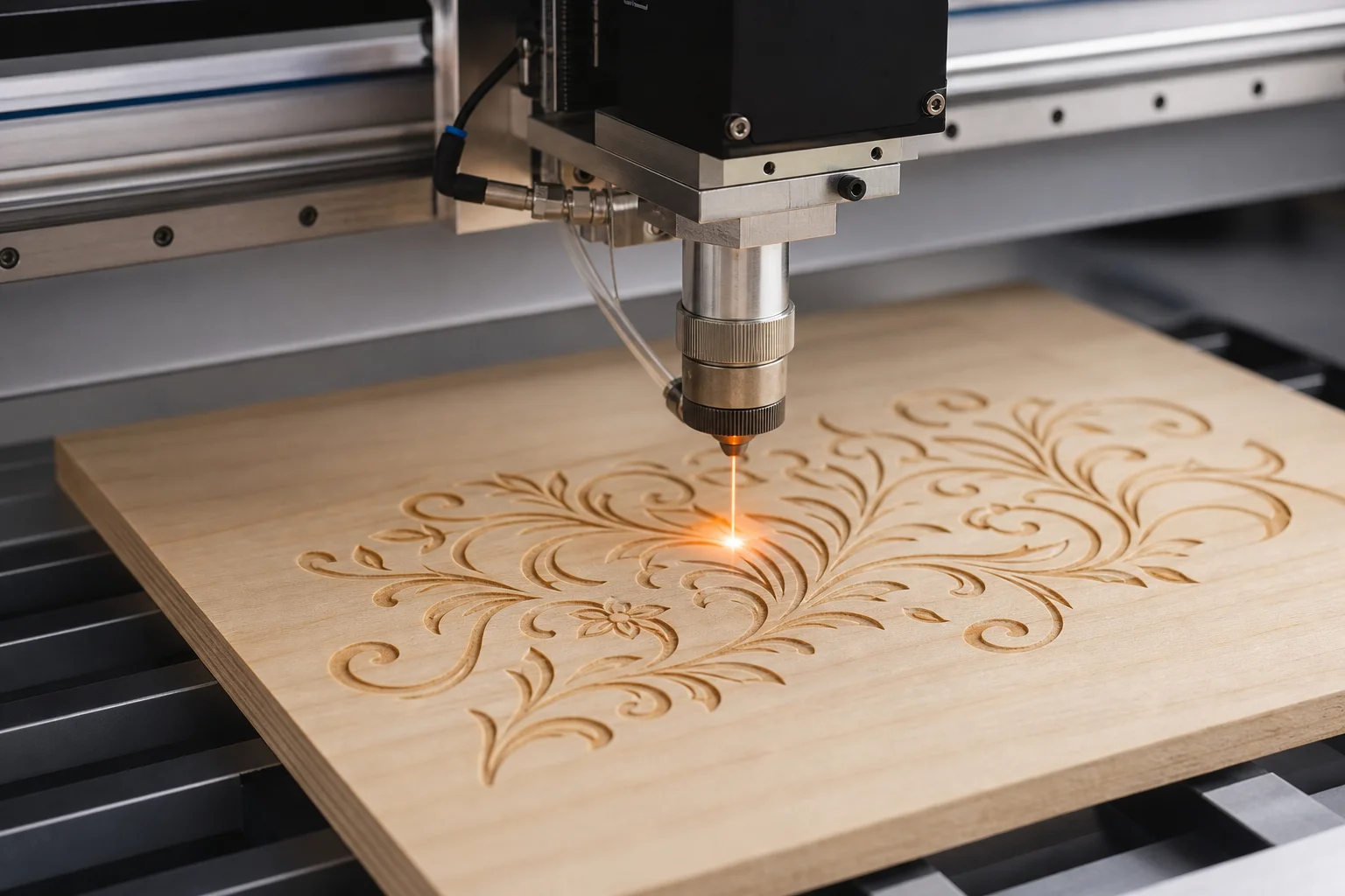 Laser attachment mounted on CNC machine cutting decorative grooves into wood
