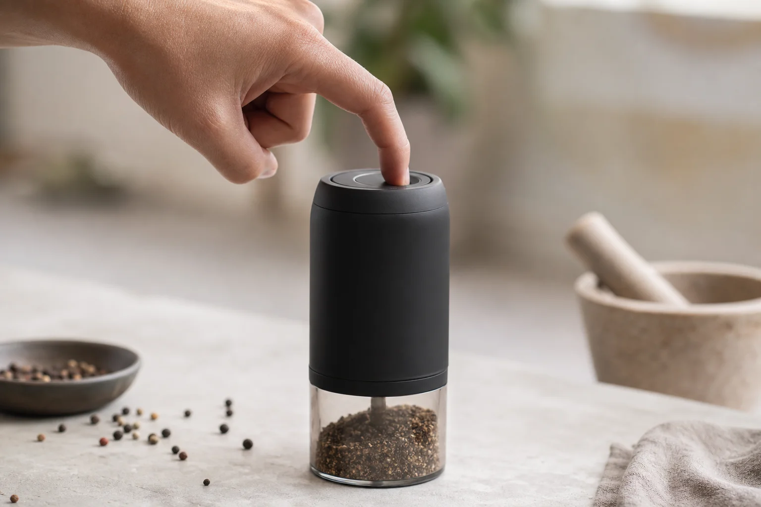 手指按下小型廚房研磨機的一鍵式按鈕
