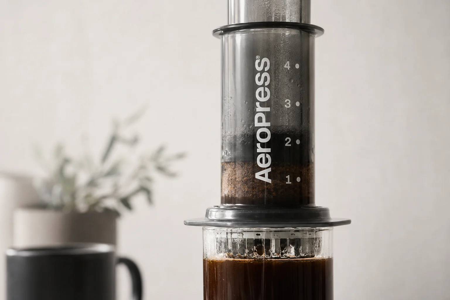 AeroPress 沖煮過程特寫,包含咖啡粉與濾紙