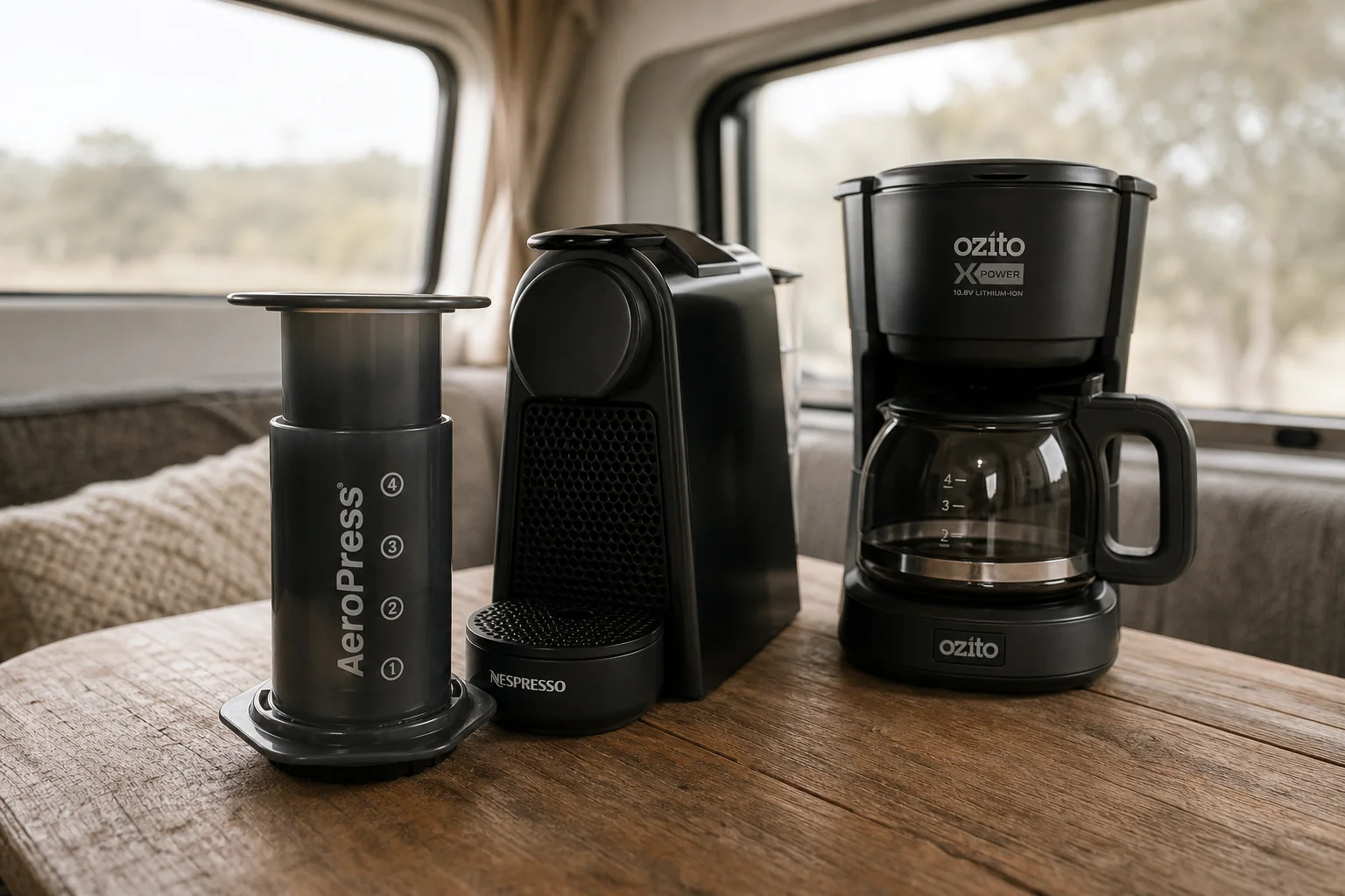 三款咖啡機擺放在露營車桌面上：AeroPress、Nespresso Essenza Mini 與 Ozito