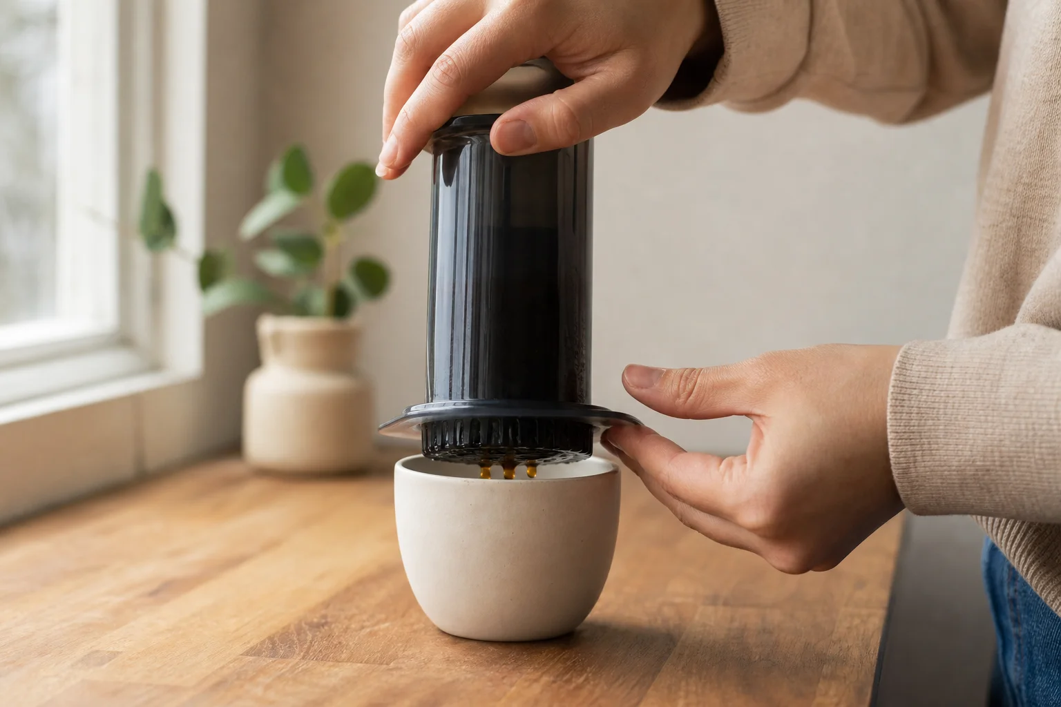 Hands holding AeroPress over white cup on wooden countertop