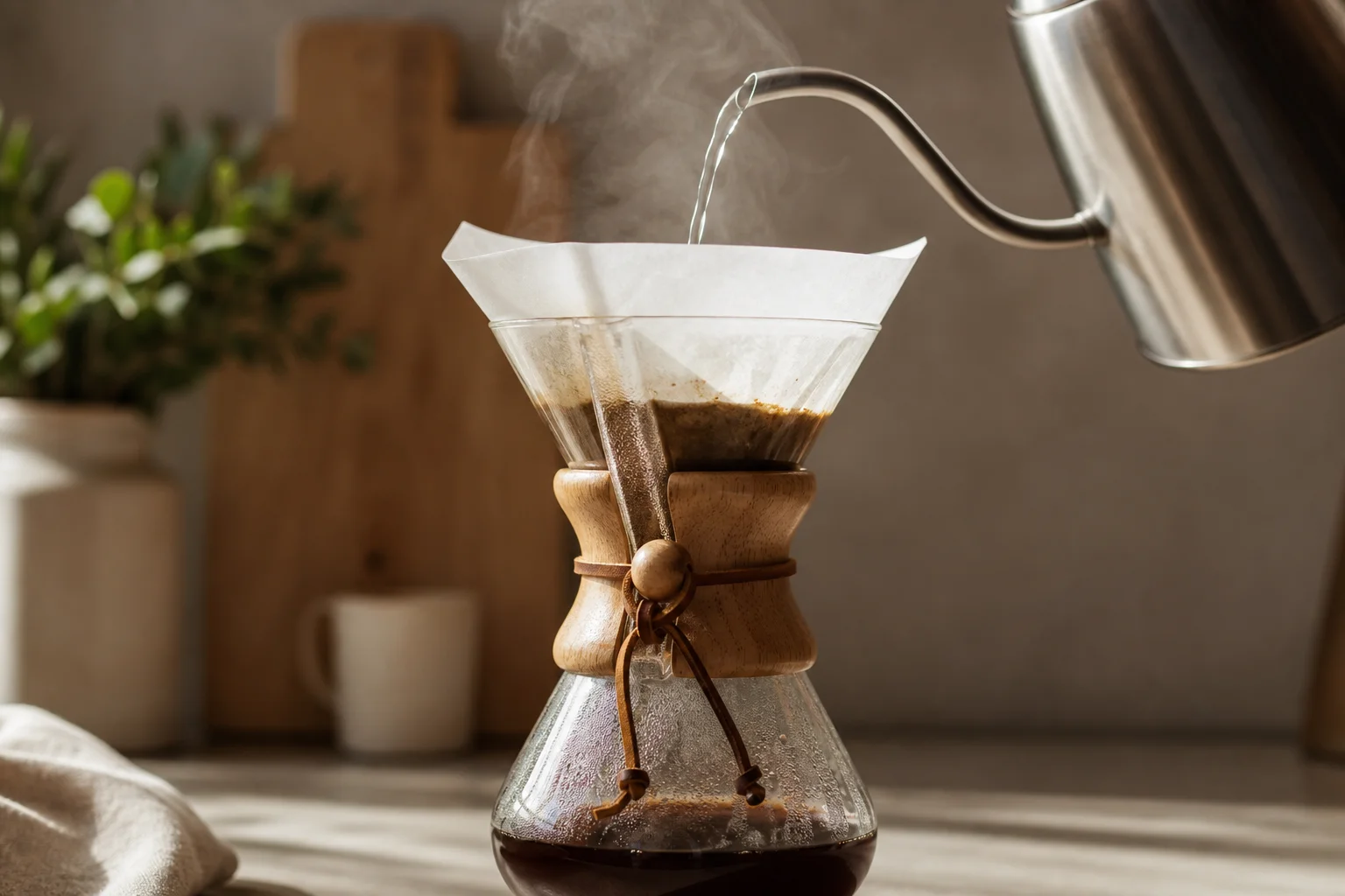 Pouring hot water into Chemex with paper filter visible
