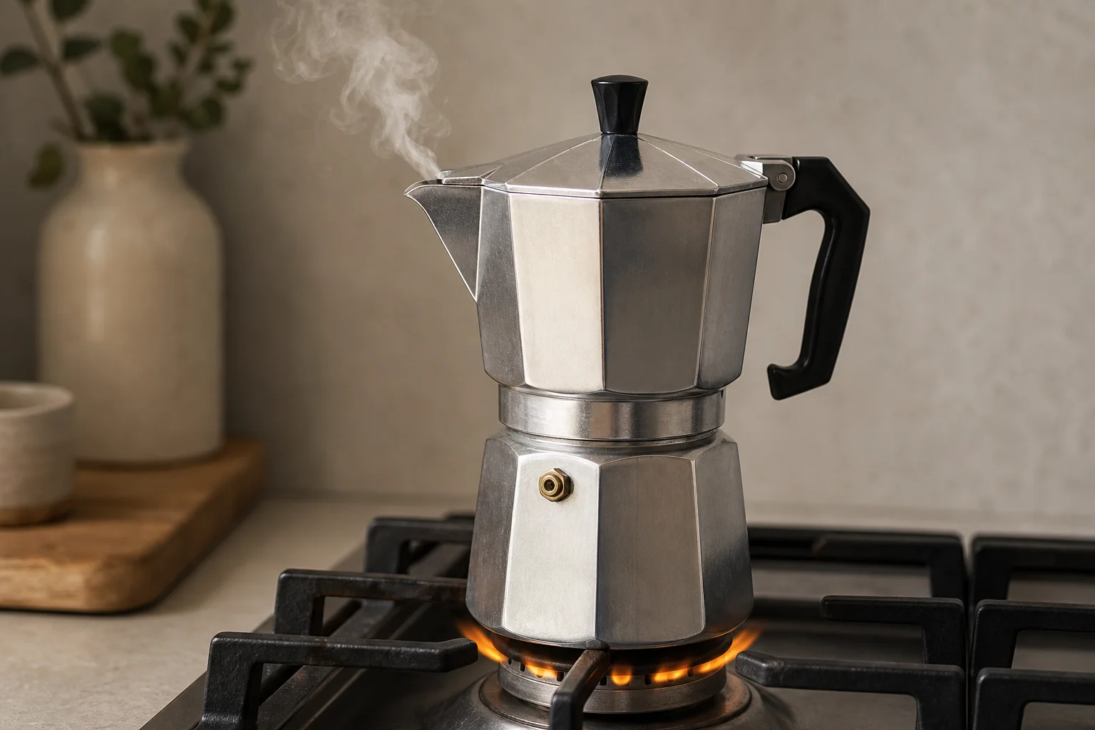 Moka Express on gas burner with steam rising