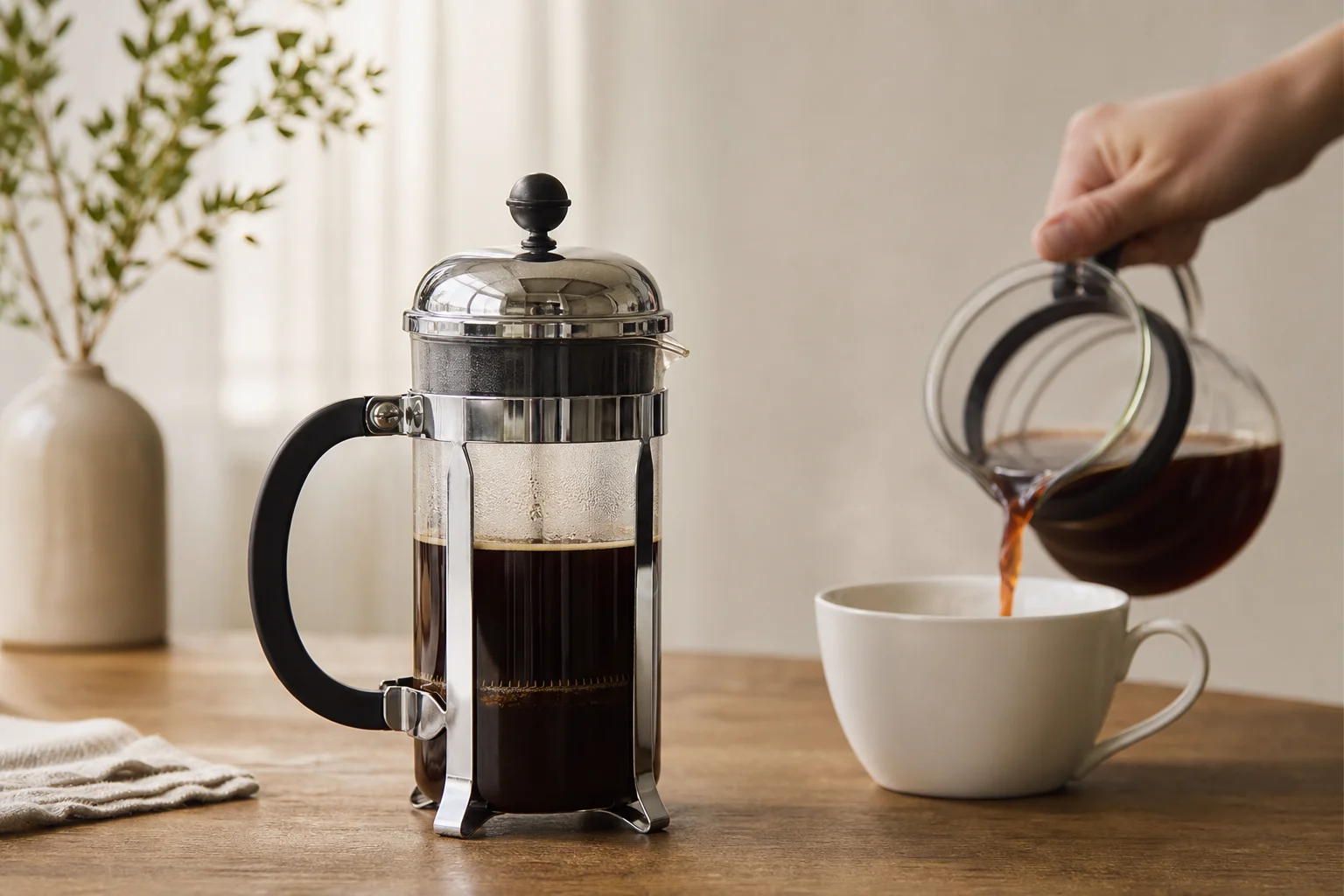Bodum Chambord French press pouring coffee into white cup